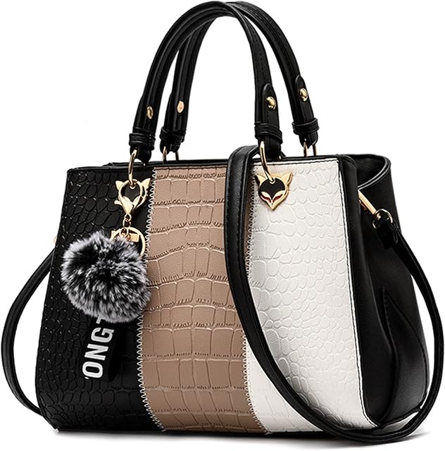 DIRRONA Women Top Handle Bag Fashion Colour Block Ladies Shoulder Bags Casual Travel Crossbody Bag PU Leather Crocodile Pattern Women Handbag With Pendant