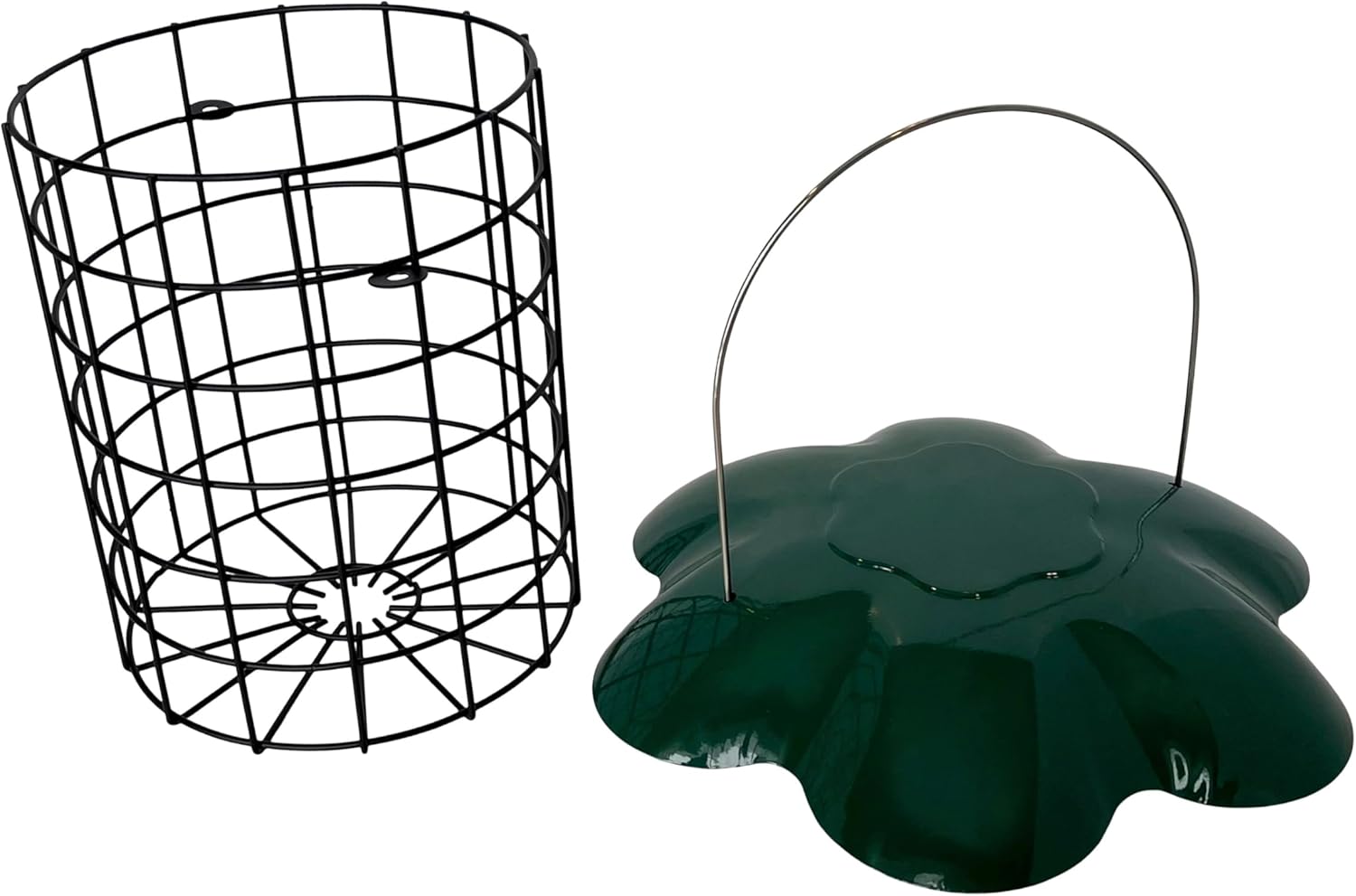 Large Seed or Suet Log Cage Feeder - Metal Suet Cage Cylinder Bird Feeder with Green Slide Down Protective Roof