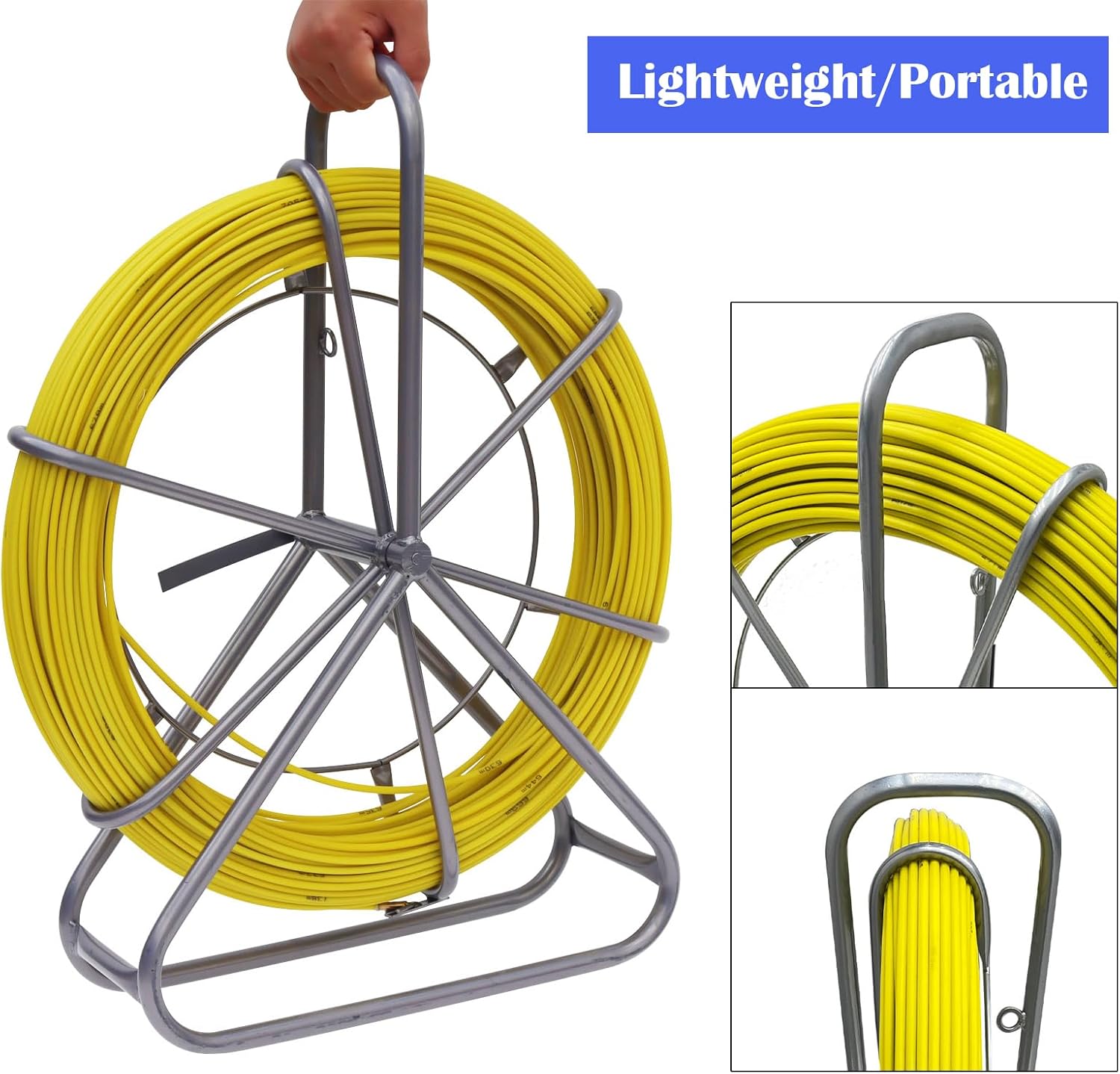INTBUYING 6mm 425ft (1/4'' 130m) Fish Tape Continuous Fiberglass Wire Cable Running Rod Duct Rodder Fishtape Puller with Steel Reel Stand Brake for Walls, Floor and Electrical Conduit