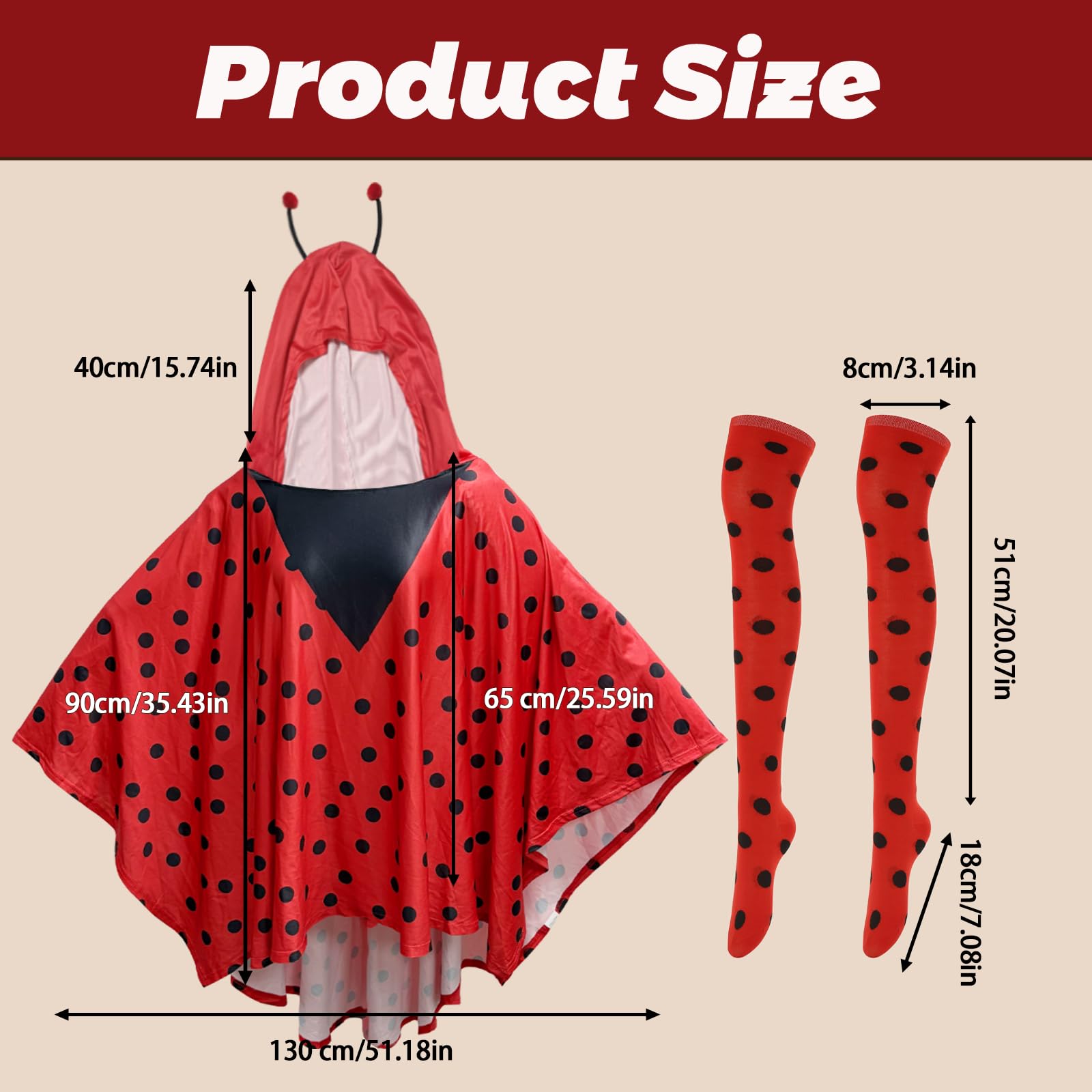Beafaeur Ladybird Costume Women's Fancy Dress Costume Ladybird Cape Adult Red Antenna Cape and Socks for Carnival Party Cosplay - Image 2