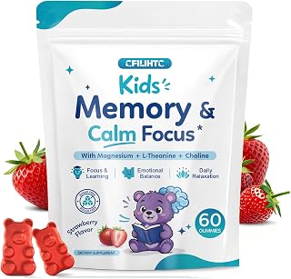 Kids Focus & Memory Gummies with Magnesium Glycinate, Phosphatidylserine & Choline - Support Brain, Attention & Focus for Kids, Learning & Cognitive Development – Sugar Free Strawberry 60 Gummies