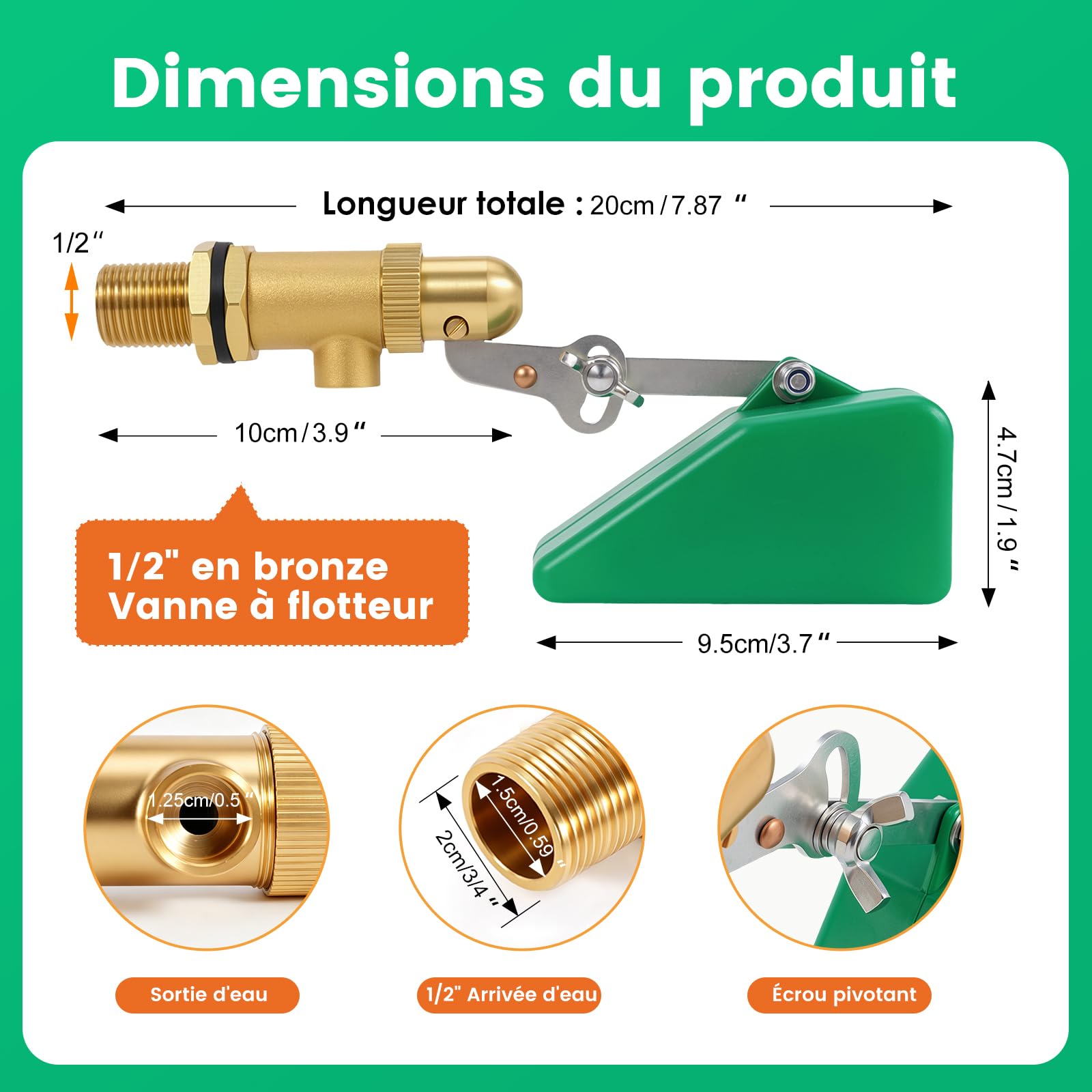 Vanne à Flotteur 1/2", Vanne En Laiton Avec Flotteur en Plastique, Vanne à Bille Flottante Avec Bras RéGlable, Remplissage Automatique, Pour Aquariums, Abreuvoirs Pour Bovins et Ovins.