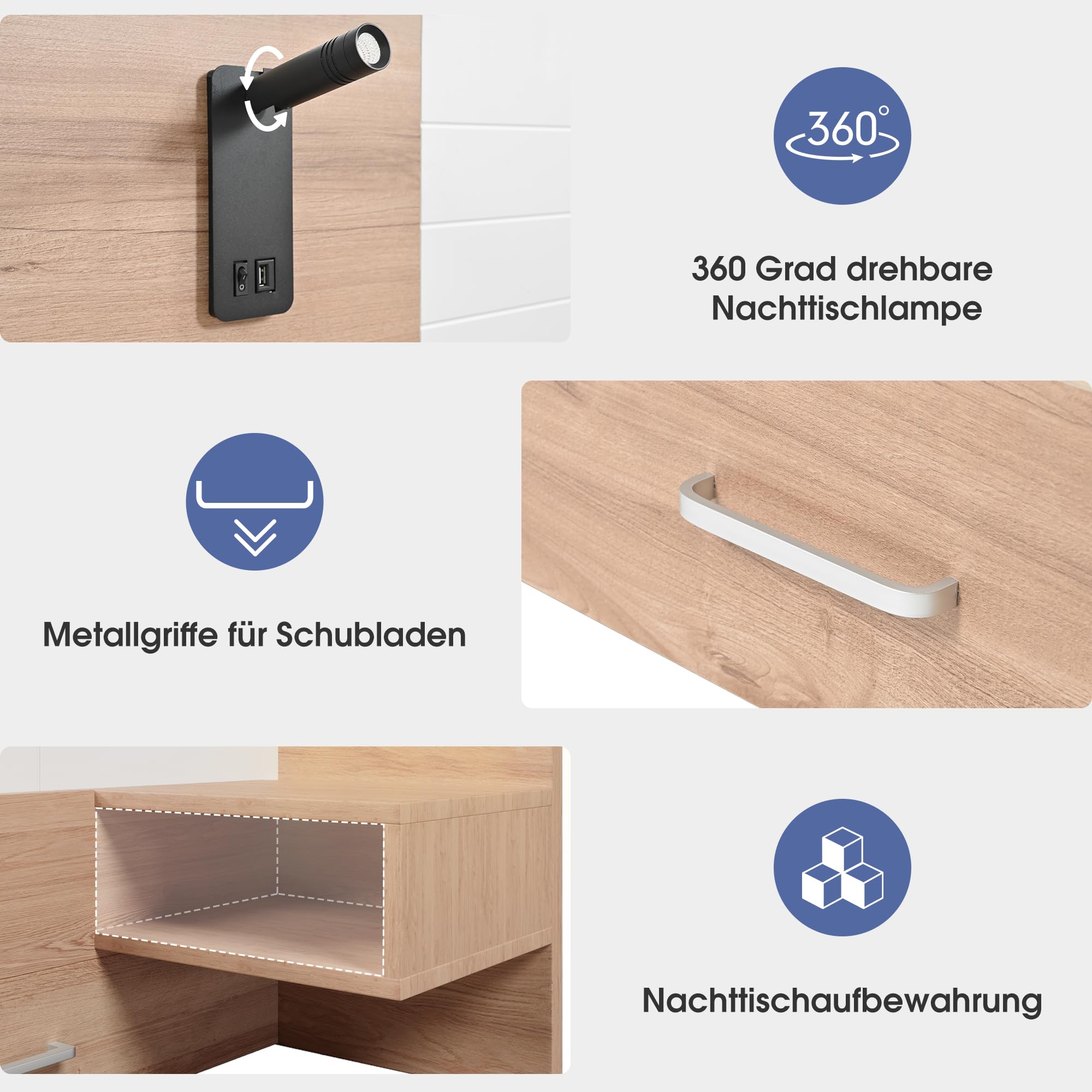 Lit double en bois, 160 x 200 cm, avec 2 tiroirs, lampe de tête de lit, lampe de lecture, avec fonction de charge USB, lit moderne, avec 2 commodes de chevet, cadre de lit et sommier à lattes, 235 x