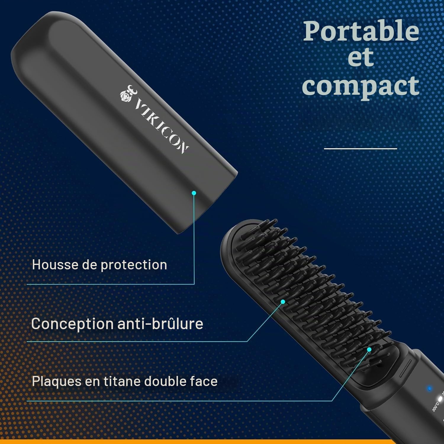 VIKICON Peigne à lisser à barbe sans fil pour homme, 3 niveaux de température réglables, brosse ionique rechargeable pour cheveux et barbe, anti-brûlure, portable (noir)