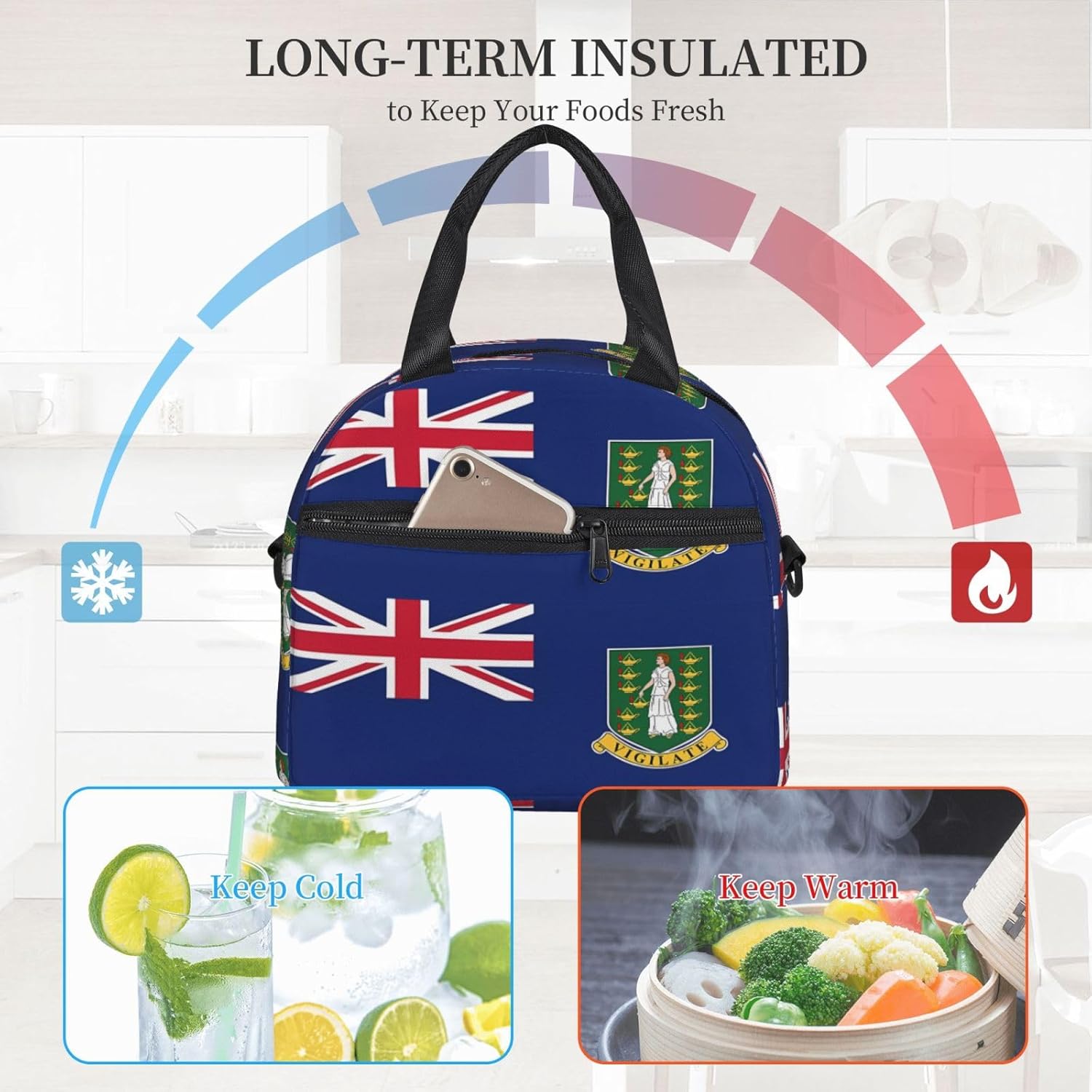 SUNNYEE British Virgin Islands Flag Insulated Lunch Bag Portable Lunch Box Reusable Cooler Tote Bags Sling Organizer with Front Pocket Removable Strap for Office Picnic Camping