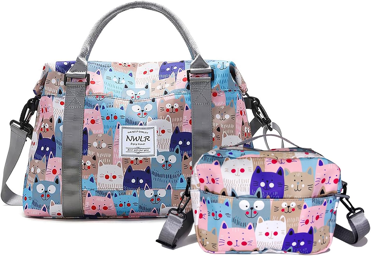 NWLR Travel Duffle Bag Weekender Overnight Bag Gym Tote with Wet Pocket for Women Girls Workout Duffel Bag Water Resistant (W-Cute Cats+Toiletry Bag)