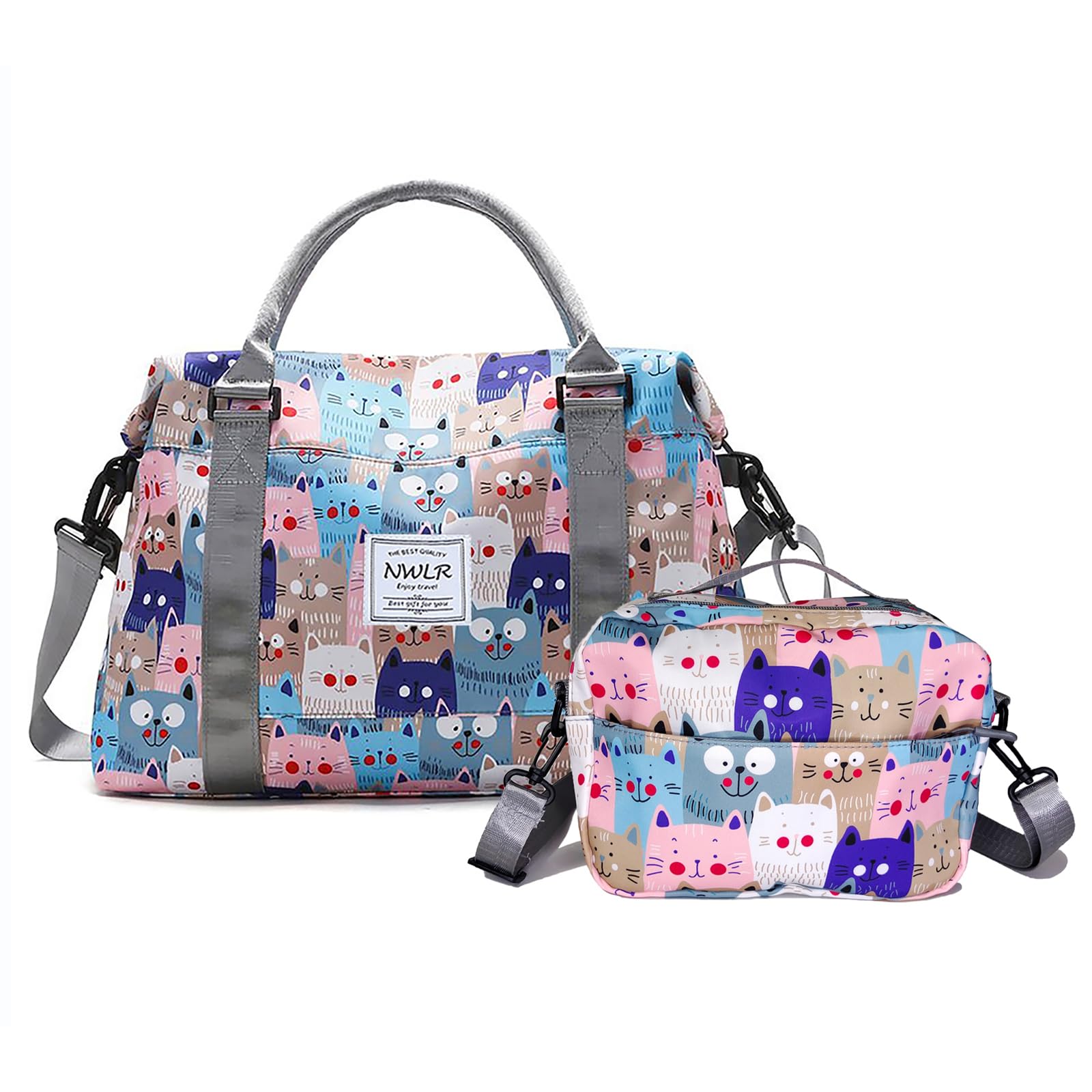 Travel Duffle Bag Weekender Overnight Bag Gym Tote with Dry and Wet Separated Pocket for Women Girls Shoulder Workout Duffel Bag Water Resistant, W-Cute Cats+Toiletry Bag, M, Trolley Sleeve Bag with