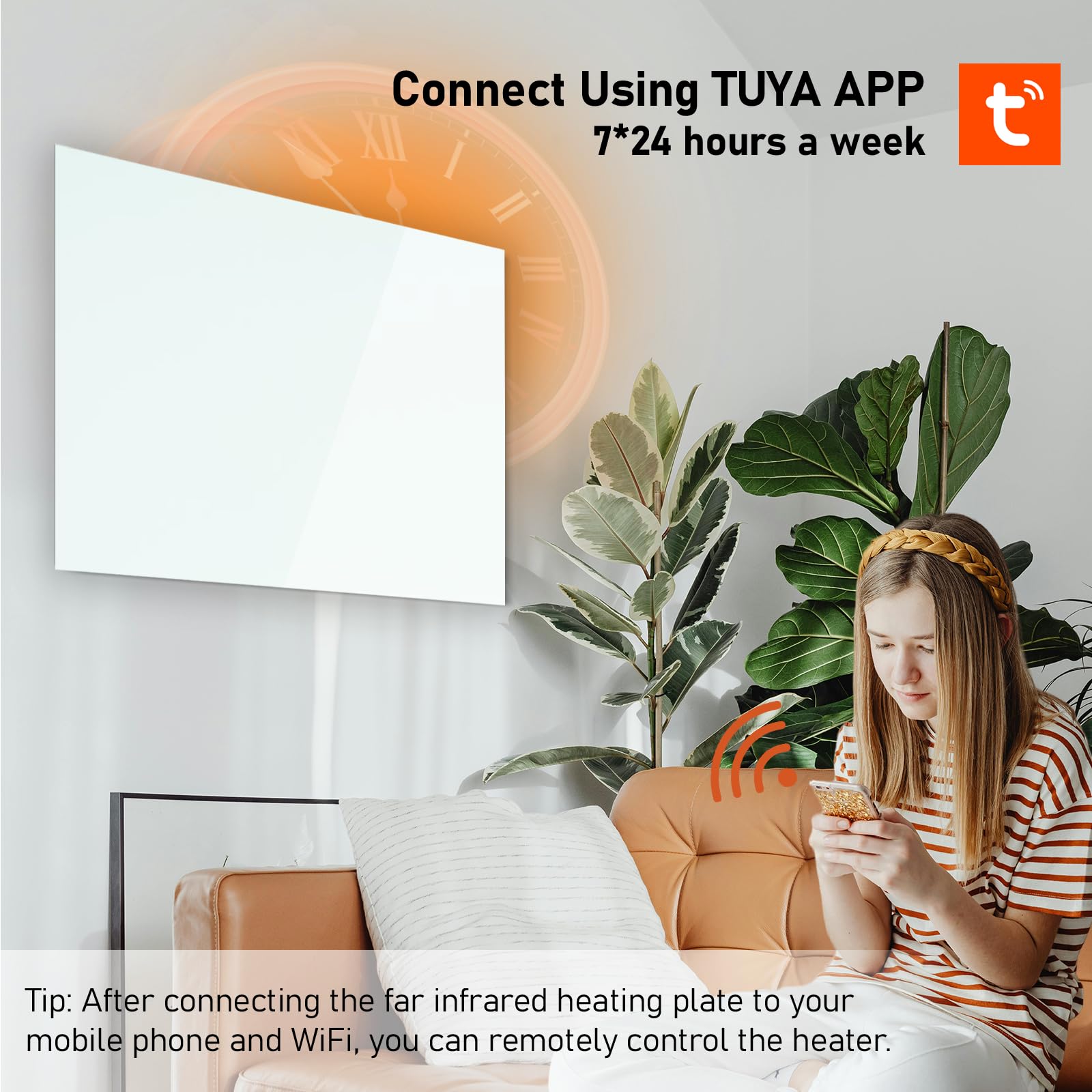 Infrarotheizung Glas 300W, Infrarot Glasheizung mit Fernbedienung 50x60 CM, Elektroheizung mit Überhitzungsschutz, WIFI (Tuya Smart), Weiß, TÜV