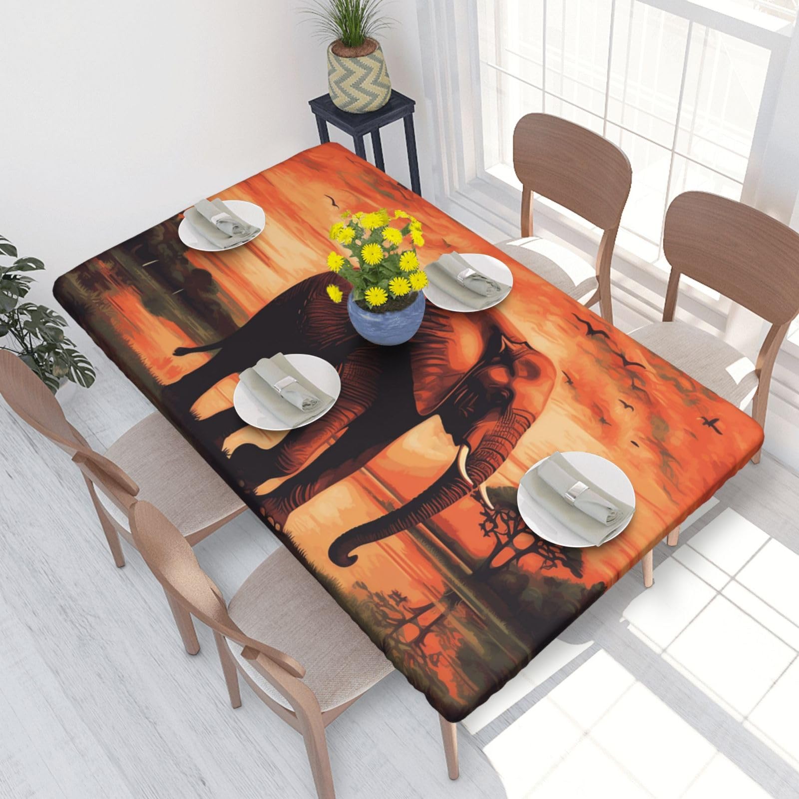 Sunset Elephant Waterproof Square Table Cover Elastic Fitted Tablecloth Oil Proof Table Protector For 4ft Table