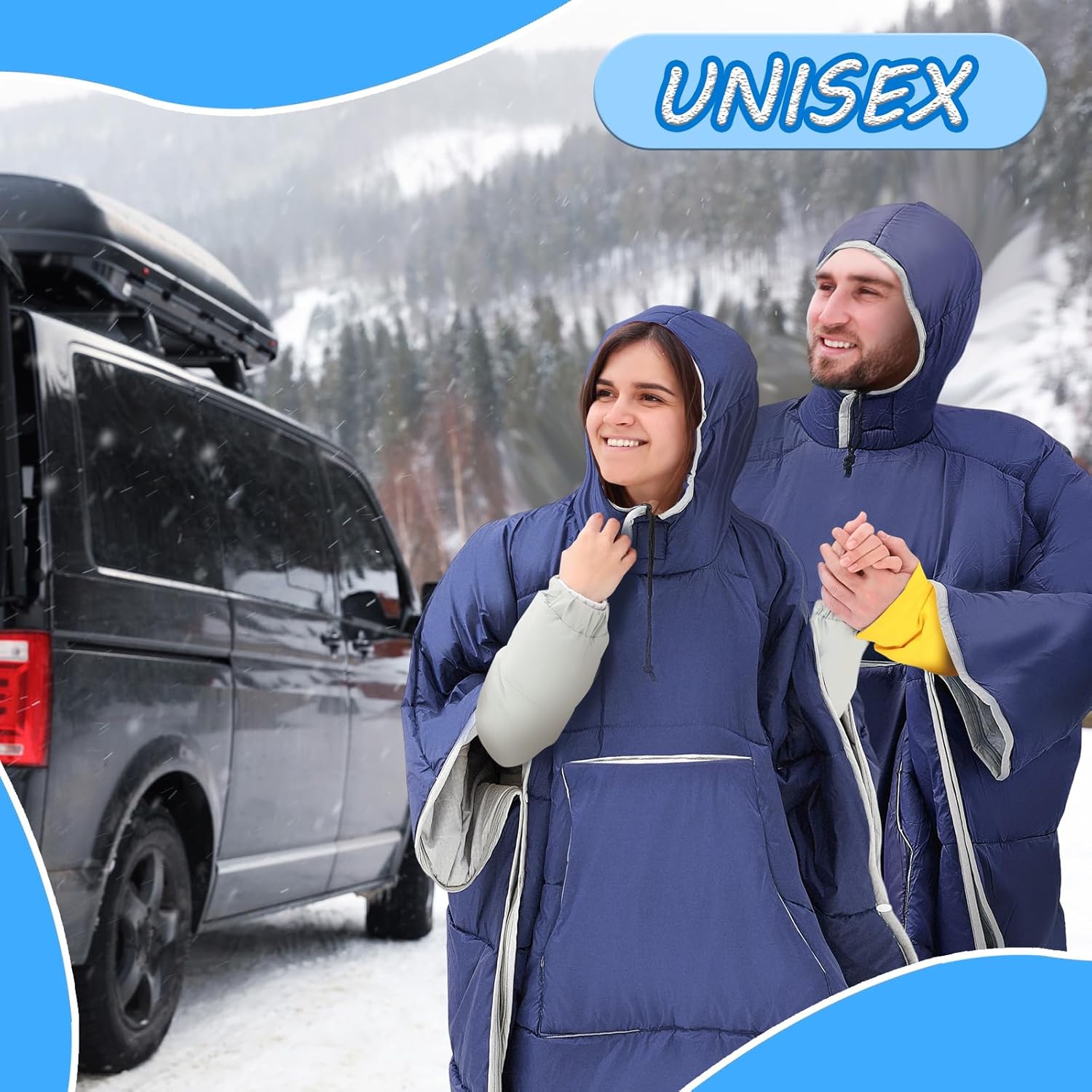 Preboun Thermal Poncho Wearable Hooded Blanket Winter Poncho Wearable Sleeping Bag Water Resistant Windproof for Men Women