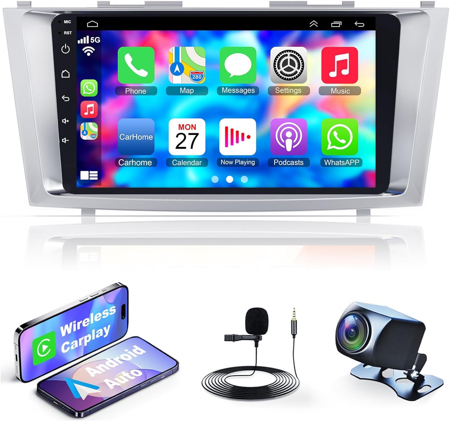 4GB+64GB Car Radio for Toyọta Caṃry 2006-2011,9 Inch QLED Touchscreen Car Stereo with Wireless Carplay,Android Auto,GPS,Bluetooth,FM, Android 13 Camry Radio with Back-up Camera