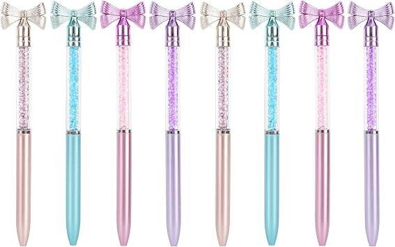 8 Pieces Crystal Quicksand Bow Decoration Twist Metal Ballpoint Pen Ball Pen Blue Ink