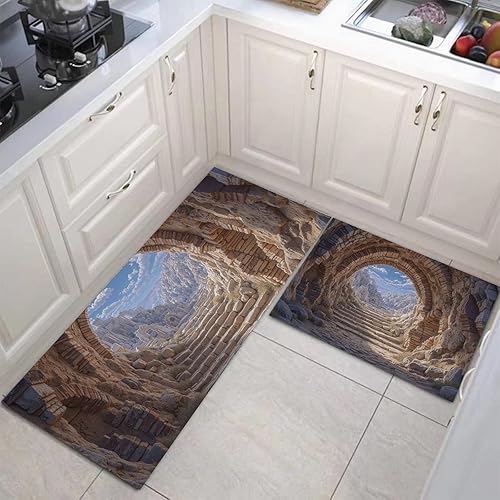 Miniatura 3 de 3D Rock Cave Kitchen Mats, Retro Architecture Kitchen Rugs Set of 2, Brown Washable Floor Carpet, Xmas Decor Mats for Hallways Bathroom Living Room