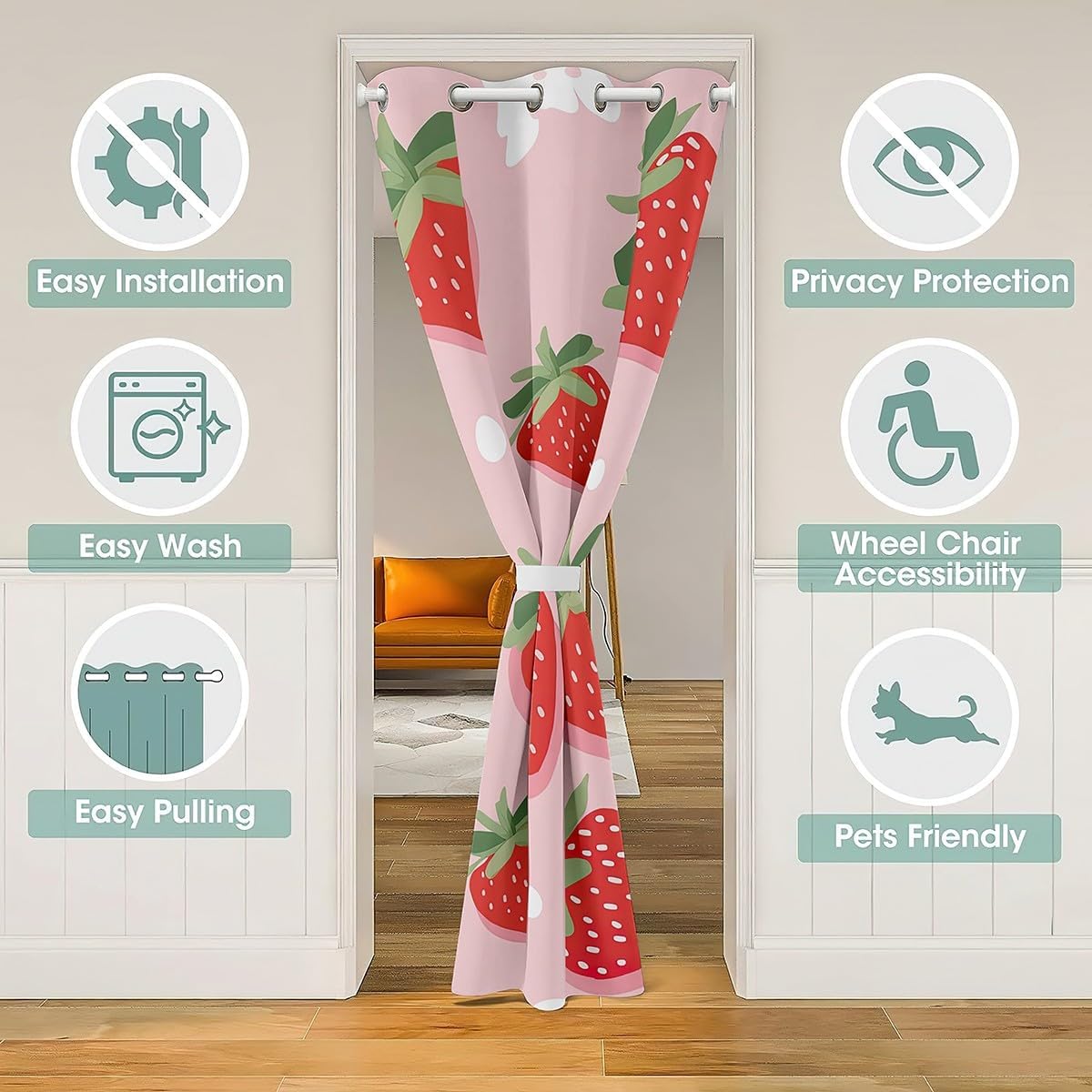 Feelyou Red Strawberry Doorway Curtain Privacy 1 Panel, 34"x80" Kawaii Decor 30%-50% Room Darkening Blackout Curtain Cute Door Cover Curtain Anime Window Treatments Room Decor Fruit image 3