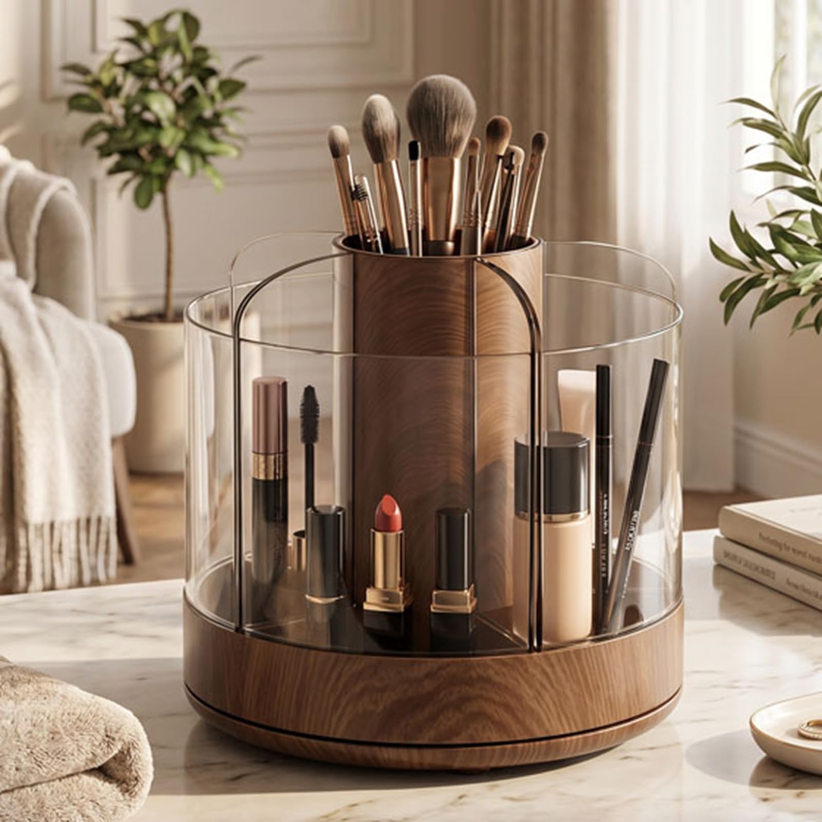 Wakects Porta Pennelli per Trucco, Organizer per Cosmetici con Motivo Venatura del Legno Girevole a 360 Gradi con 6 Scomparti per Slot, Scatola Portaoggetti da Scrivania in Plastica 13,7 X 14 Cm per
