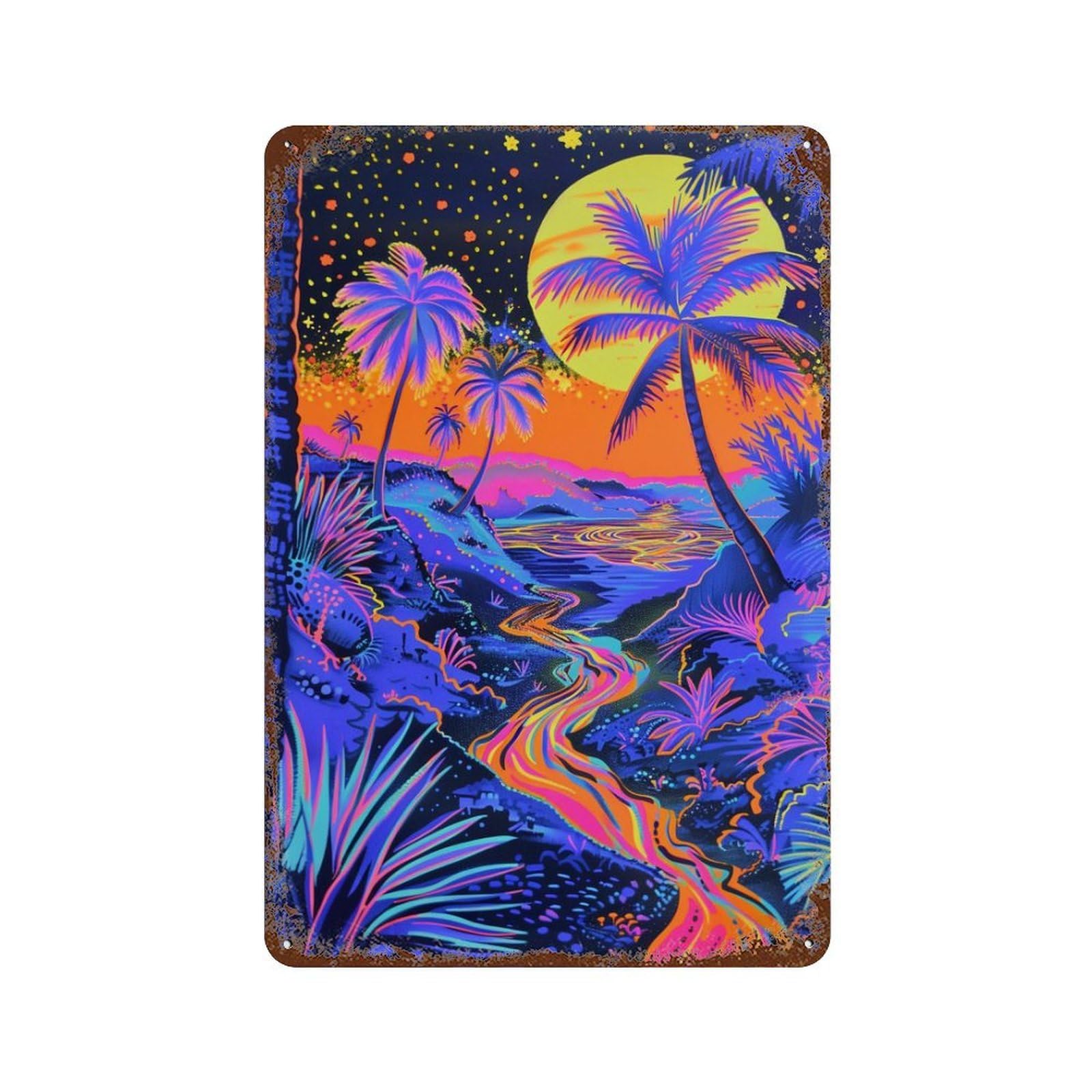 Vintage Rust Metal Sign with Neon Tropical Sunset Scene Design 11.8"x7.9", for Shed, Workshop And Garage Wall Decor, Retro Wall Decor