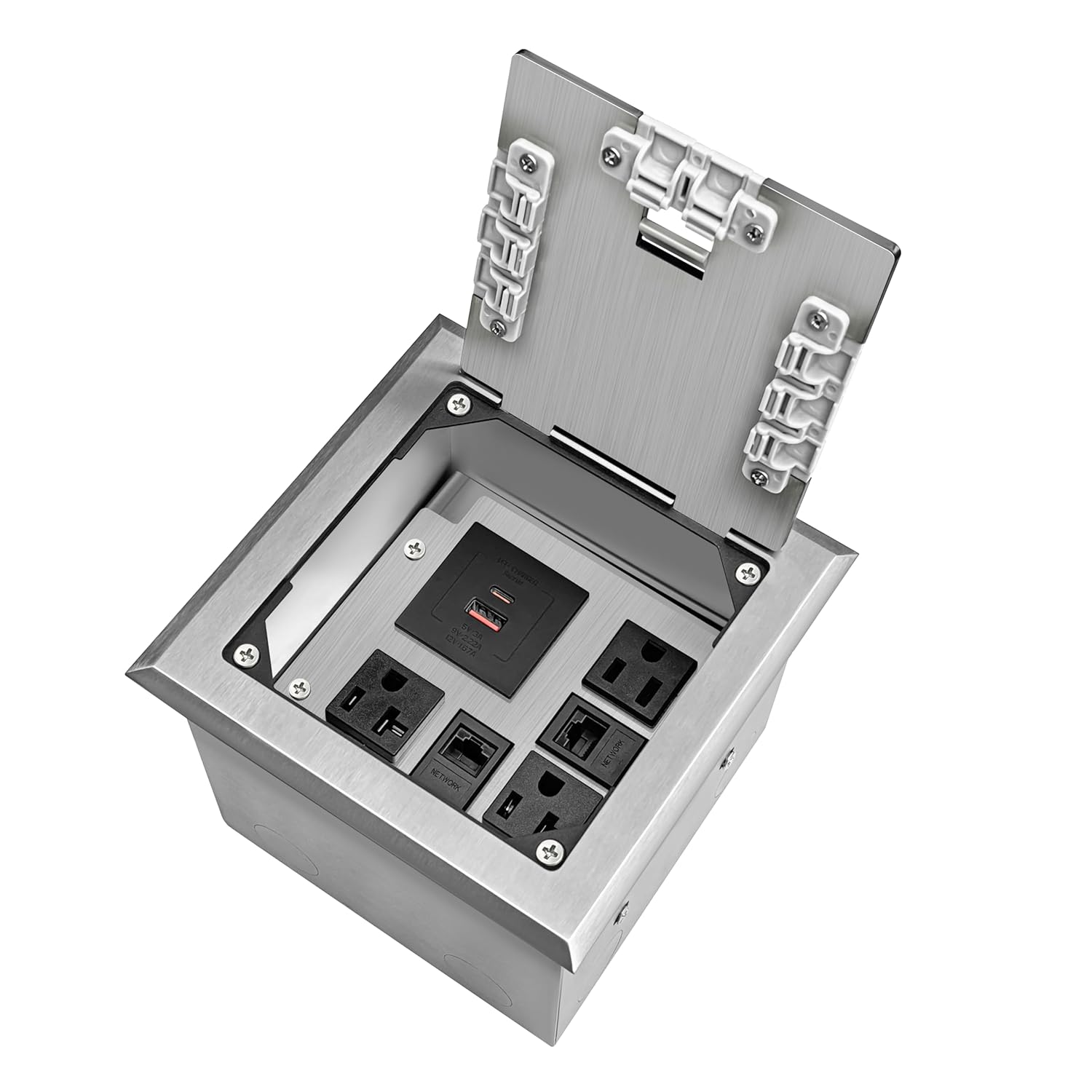 Recessed Floor Outlet Box, Flat Hidden Socket Kit, Floor Electrical Outlet with 1* PD 20W Type-C, 1USB-A Port, 2 * 20A + 1 * 15A Receptacle, 2 * RJ45 Datacom Receptacle (Silver)