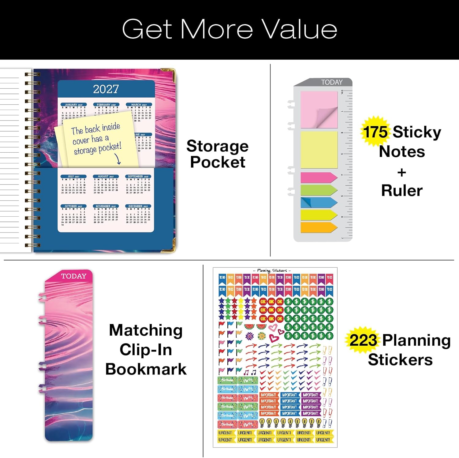 HARDCOVER Academic Year 2026-2027 Planner: 14 Months (May 2026 Through June 2027) 8.5"x 11" Daily Weekly Monthly Planner Yearly Agenda. Bookmark, Pocket Folder and Sticky Note Set (Summer Bliss)