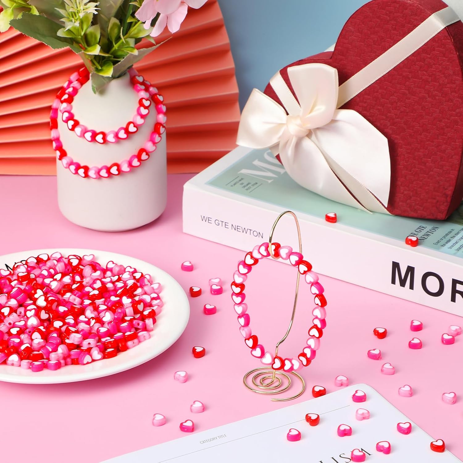 Quelay 600 Pcs Heart Beads Double Heart Spacer Beads for Jewelry Making Bracelet 8mm Colorful Love Mixed Flat Loose Pony for DIY Crafts Necklace Keychain Earring(Outter Color,Classic Style) - Image 4