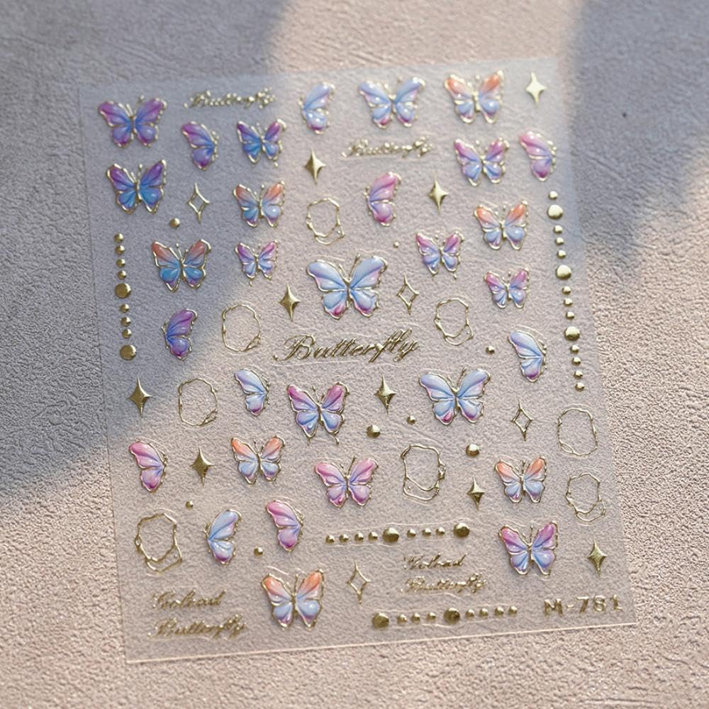 Blue Purple Butterfly Nail Stickers 5D Embossed Ombre Gold Star Nail Art Stickers 3D Self-Adhesive Summer Nail Decals Butterflies Nails Decoration Accessories for Women Girls Manicure 1 Sheet image 5