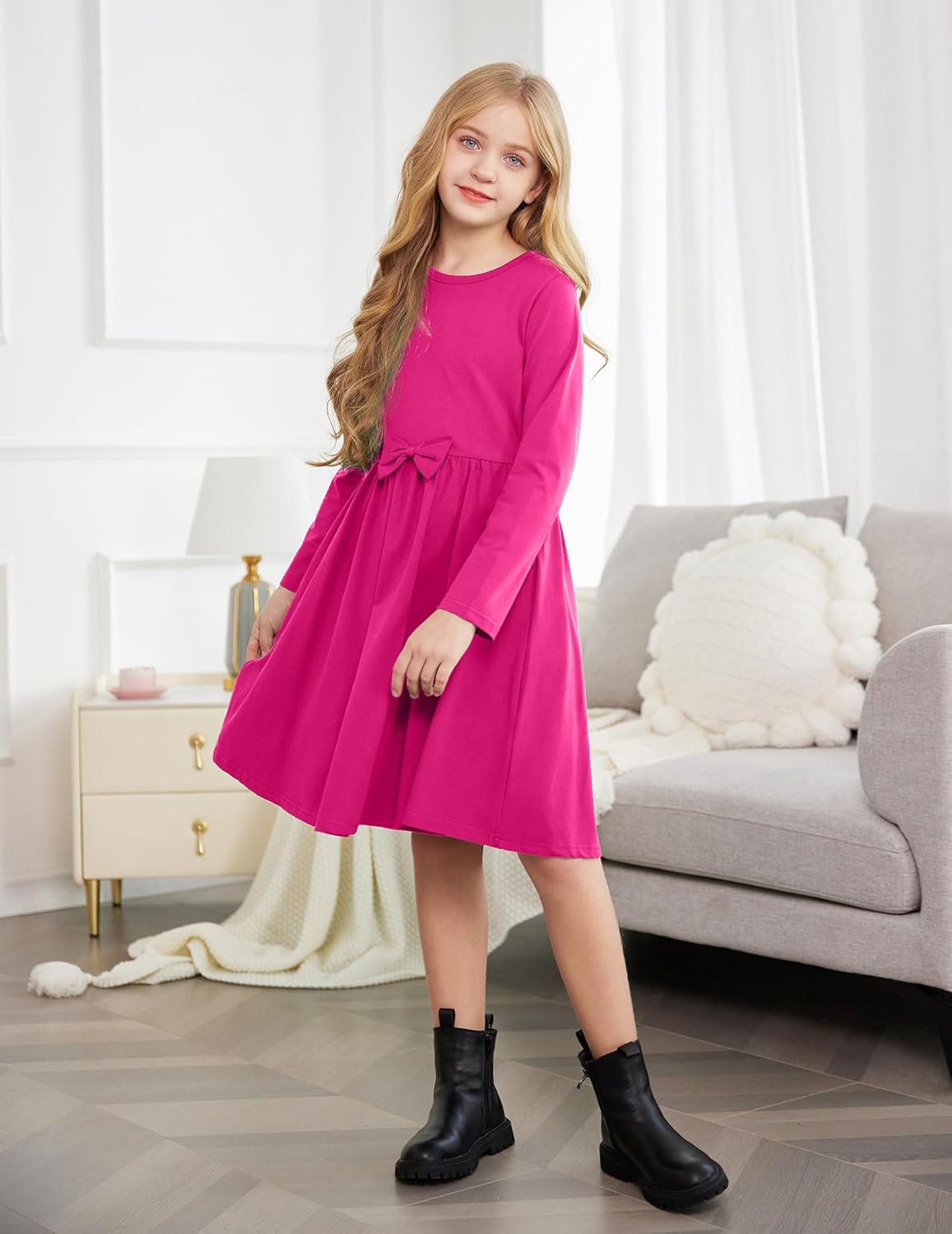 Arshiner Girls Long Sleeve Dress A line Twirly Skater Casual Bow Tie Dress - Image 4