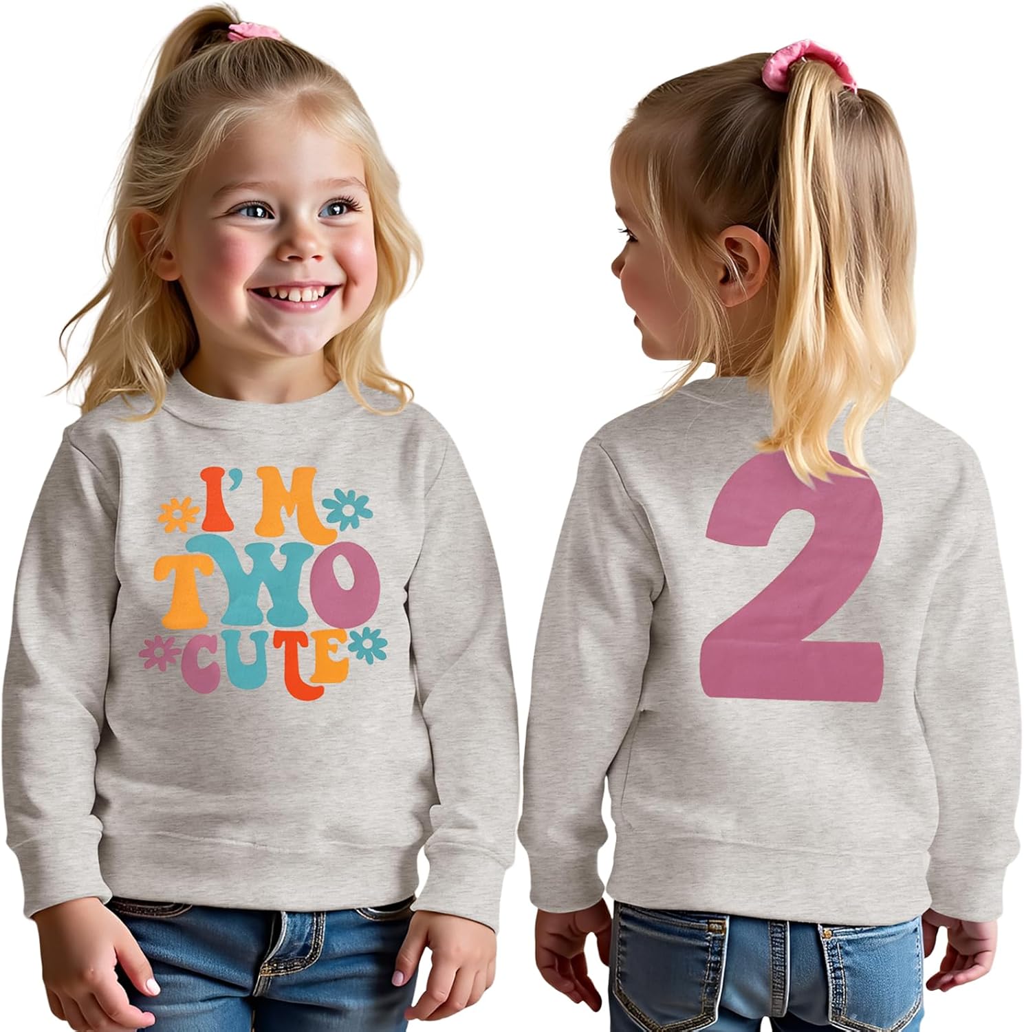 GLIGLITTR I'm Two Cute Sweatshirt for Girls 2nd Birthday Outfit for Toddler Girl 2 Year Old Birthday Party Long Sleeve Shirts