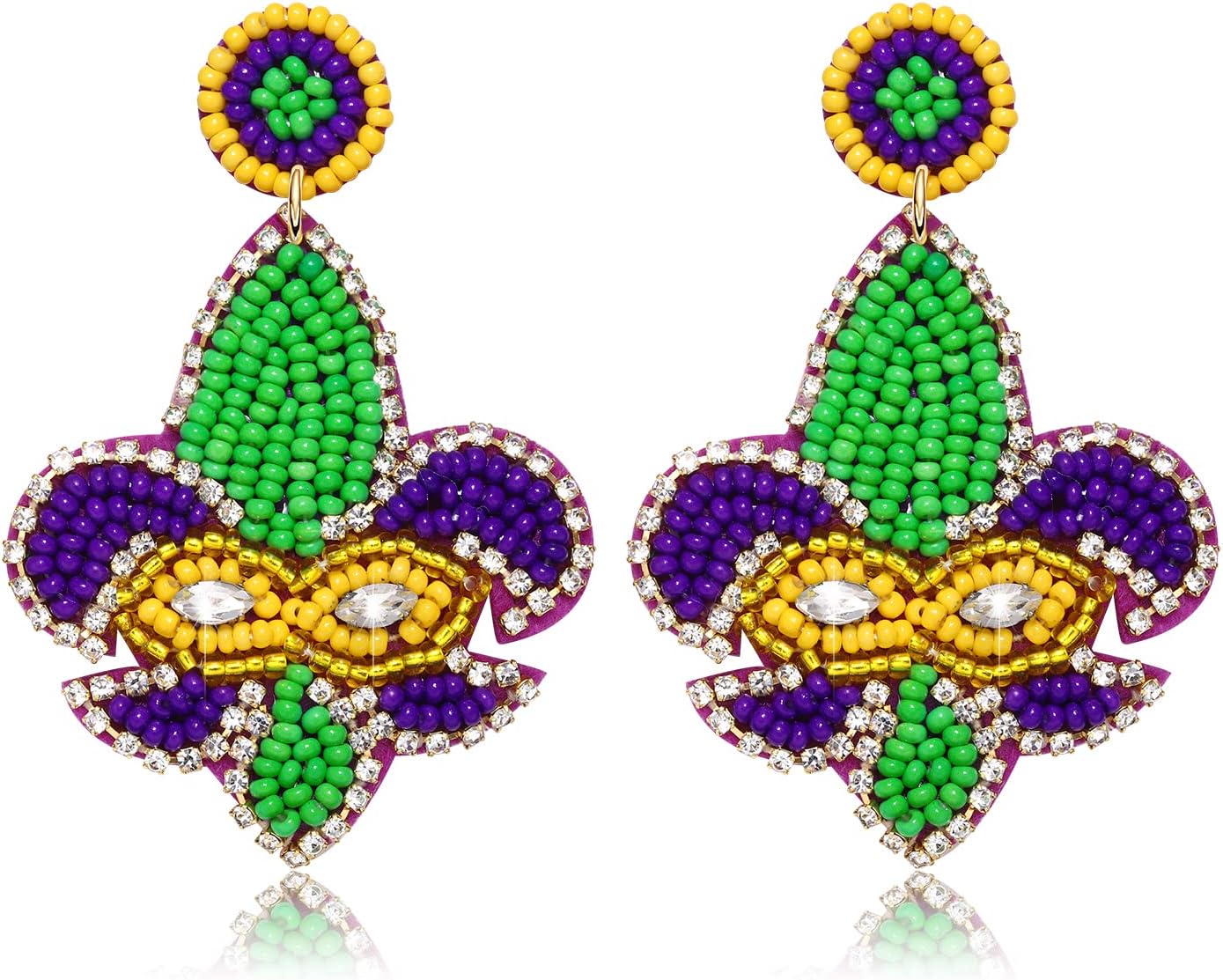 Mardi Gras Earrings Handmade Beaded Jester Dangle Earrings Fun Carnival Parade Fat Tuesday Party Earrings Purple Green Gold King Cake Drop Dangling Earrings Festive Holiday Mardi Gras Jewelry Gift for Women Girls