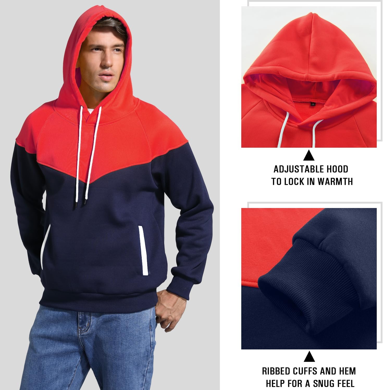 Men's Midweight Fleece Pullover Hoodies Casual Color Block Hooded Sweatshirt with Pockets - Image 4