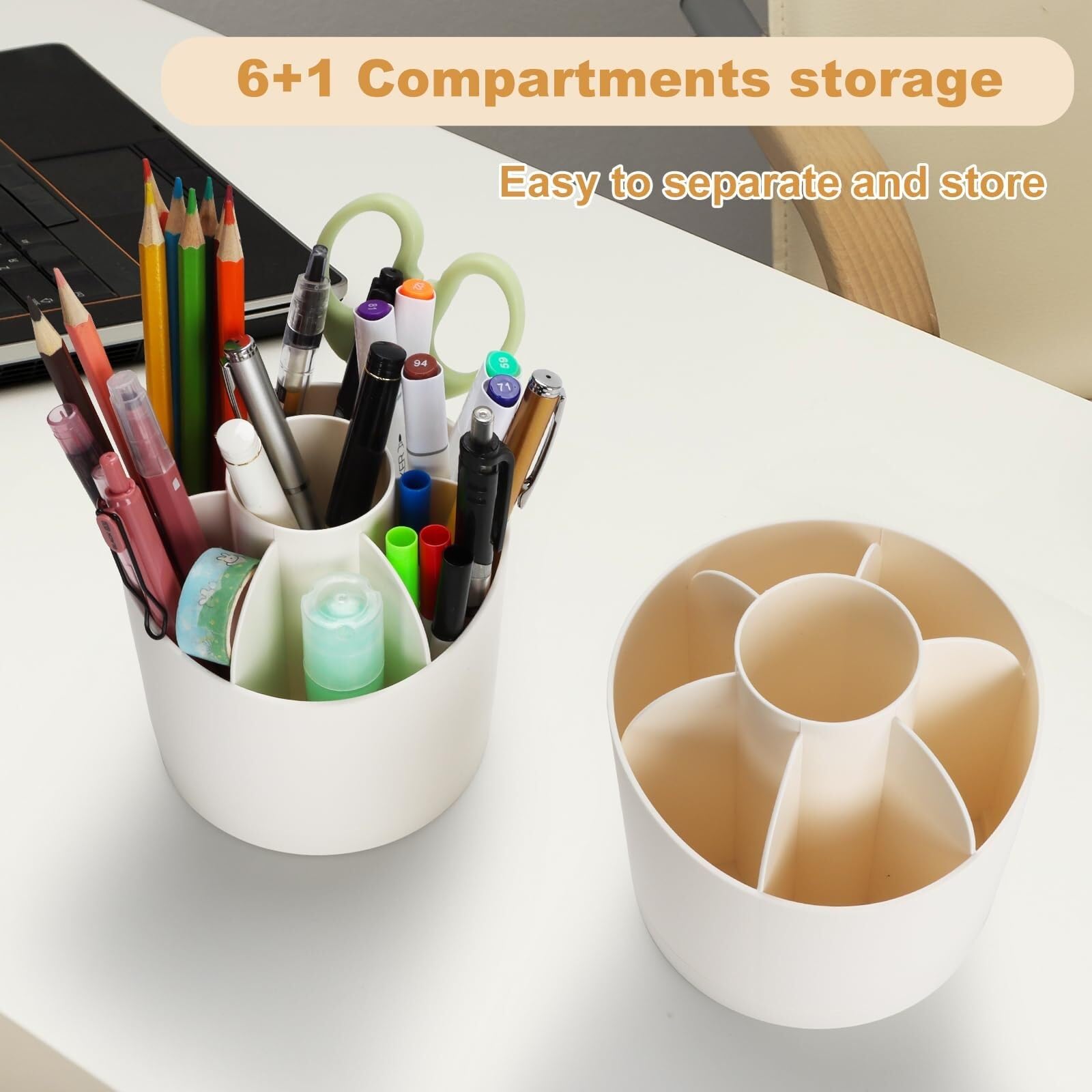 Stifteköcher Stifte Halter Bleistift- und Stifthalter mit 7 Fächern, um 360 Grad drehbar, Schreibtisch-Organizer for das Büro Schreibtisch-Organizer(Beige)