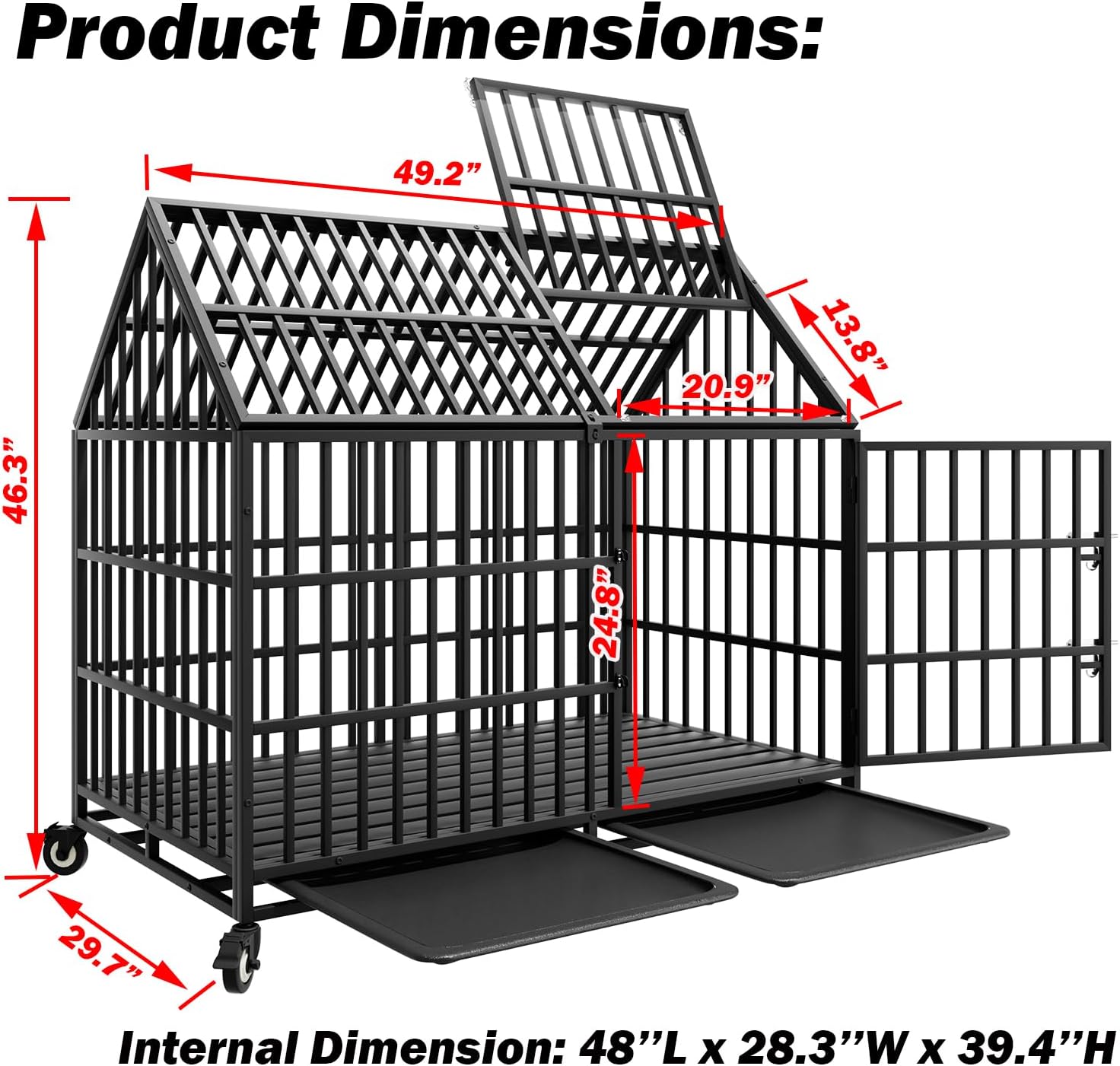 50 inch Indestructible Heavy Duty Dog Crate with 2 Bowls, Escape-Proof Indoor Impact Dog Cage for Large Giant Dogs, High Anxiety Pet Kennel with 2 Trays, 4 Wheels, 4 Locks and Double Door, XL XXL