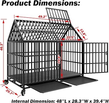 50 inch Indestructible Heavy Duty Dog Crate with 2 Bowls, Escape-Proof Indoor Impact Dog Cage for Large Giant Dogs, High Anxiety Pet Kennel with 2 Trays, 4 Wheels, 4 Locks and Double Door, XL XXL