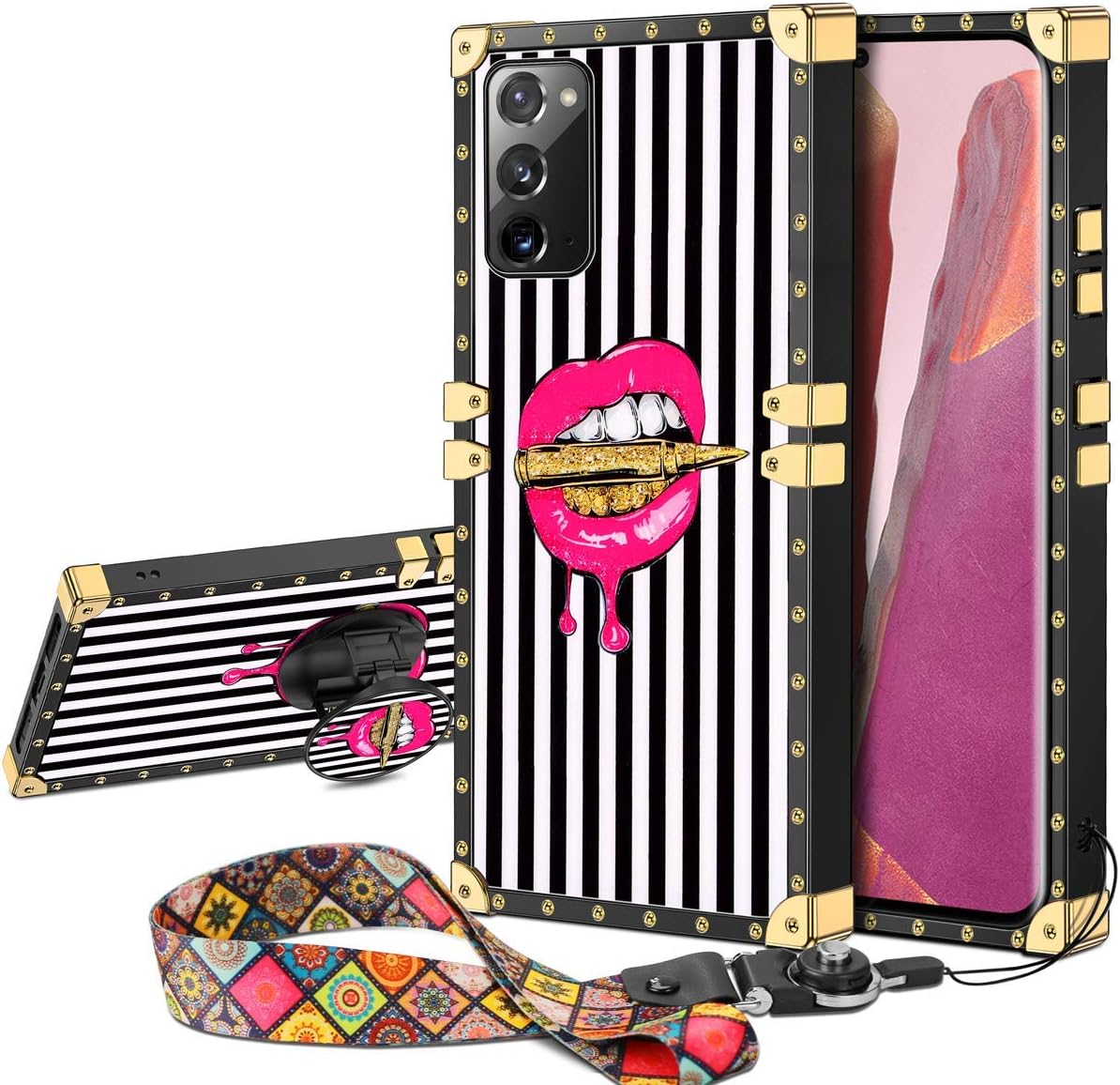 JAKPAK for Galaxy Note 20 Case with Kickstand for Girls Women TPU Luxury Case with Strap Shockproof Protective Heavy Duty Metal Cushion Reinforced Corners Case for Galaxy Note 20 5G 6.7 inch Lip Pink