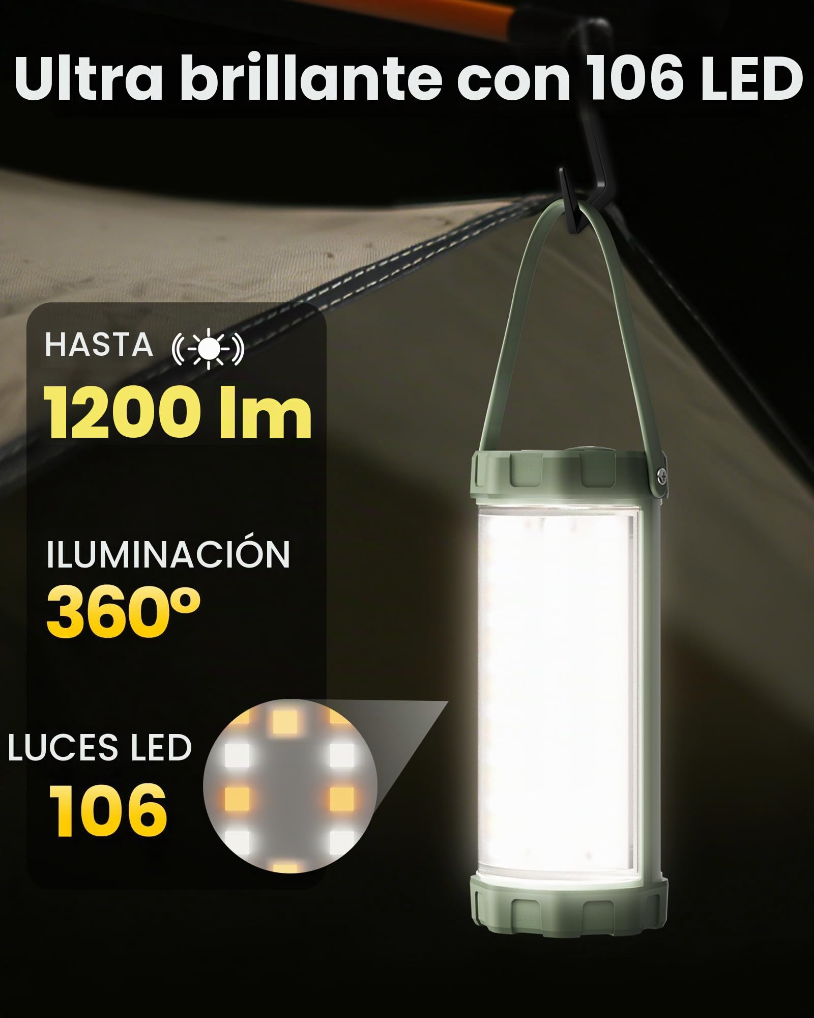 Glocusent Lámpara Camping LED 1200LM 5000mAh 120h IP68 Impermeable Recargable