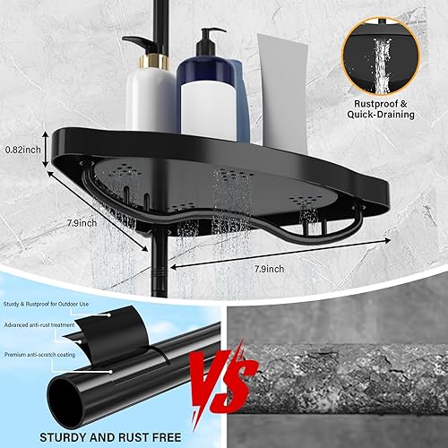 Miniatura 5 de Barra de tensión de esquina negra para regadera, organizador de ducha de acero inoxidable resistente con 4 estantes ajustables, sin taladros, para