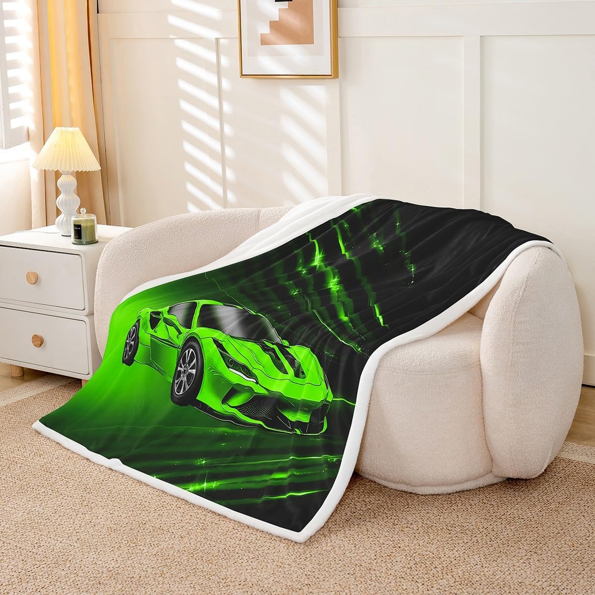 Feelyou Boys Green Race Car Fleece Throw Blanket Speed Sports Car Blanket for Kids Teens Adult Fast and Furious Plush Blanket Green Ombre Fuzzy Blanket for Sofa Bed Couch,Throw 50x60 Inches