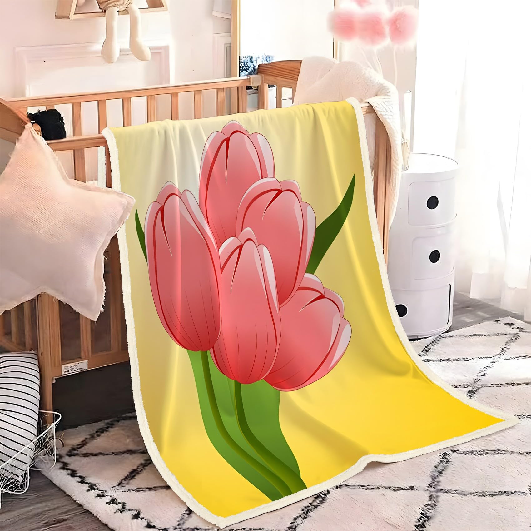Rosa Tulpe Fleecedecke 130x150 cm – Extra dick & kuschelweich, Yellow Flauschige Decke für Einzelbett, Sofa & Wohnzimmer, Überwurf