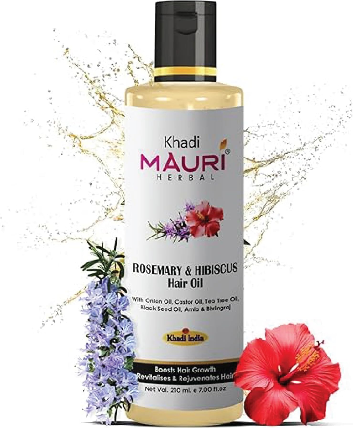 Khadi Mauri Herbal Rosemary & Hibiscus Hair Oil | Boosts Hair Growth, Controls Hairfall & Dandruff | Enriched with Onion Oil, Castor Oil, Tea Tree Oil, Black Seed Oil, Amla & Bhringraj | 210 ml