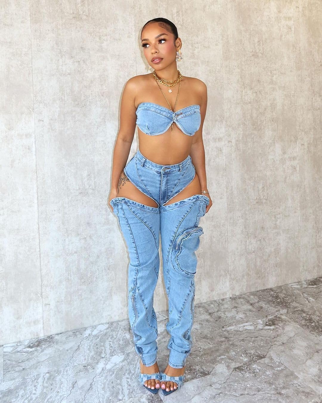 Women's Summer Clothing Y2K Jeans Suit Sexy wrap top Washed Elastic Large Pocket Trendy Pants (US, Waist, 32, Regular, M, Blue)