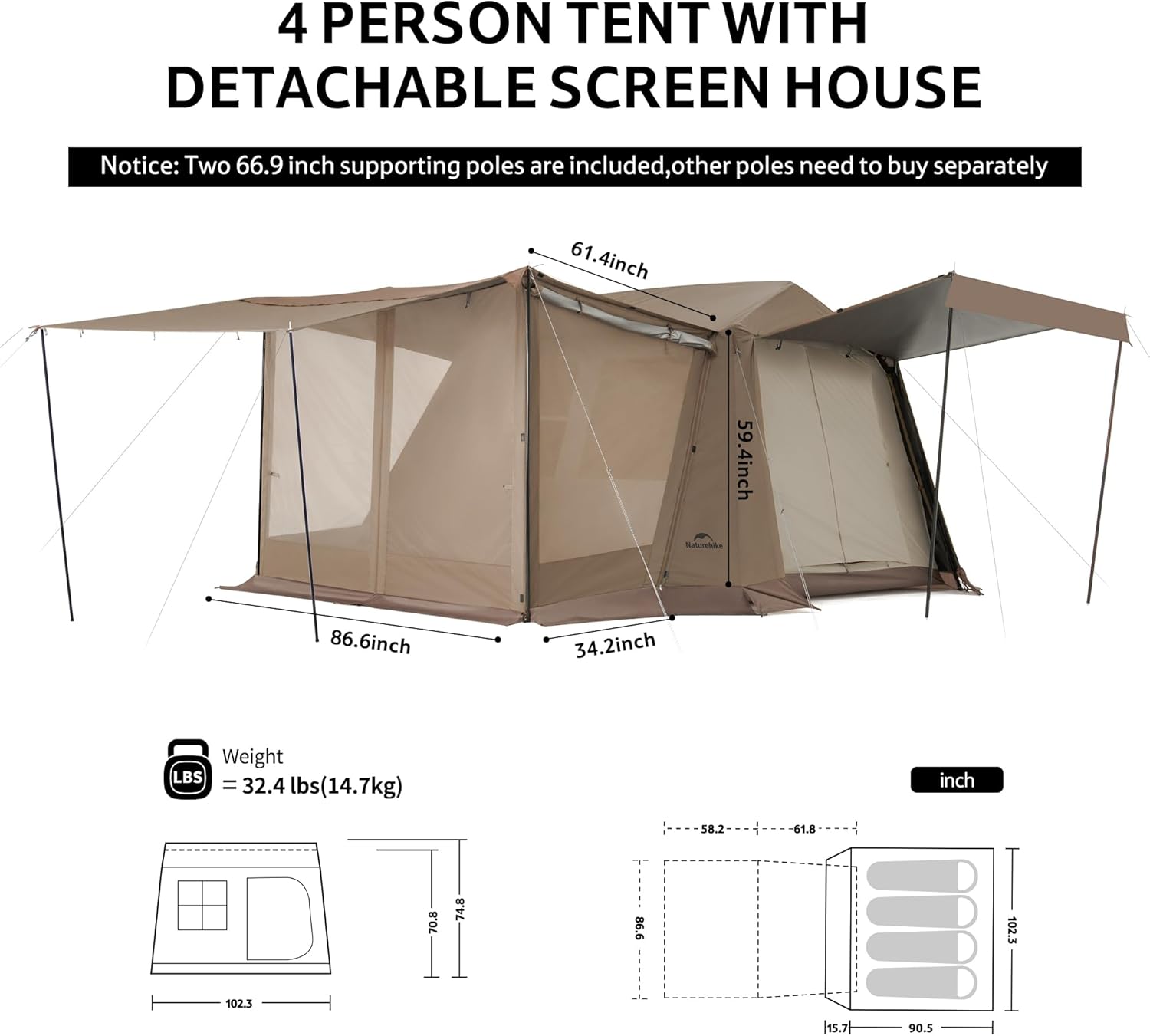 Naturehike Village Instant Tent, 4 Person 8 Person Camping Tent with Full Rainfly, Waterproof Large Cabin Tents for Car Camping