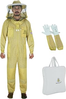 BeeProGear 3 layer Ultra Ventilated Mesh Beekeeping Suit with Round Veil for Beekeepers | Bee Suits for Men Sting-Proof Leather gloves with bag (Large, Brown)