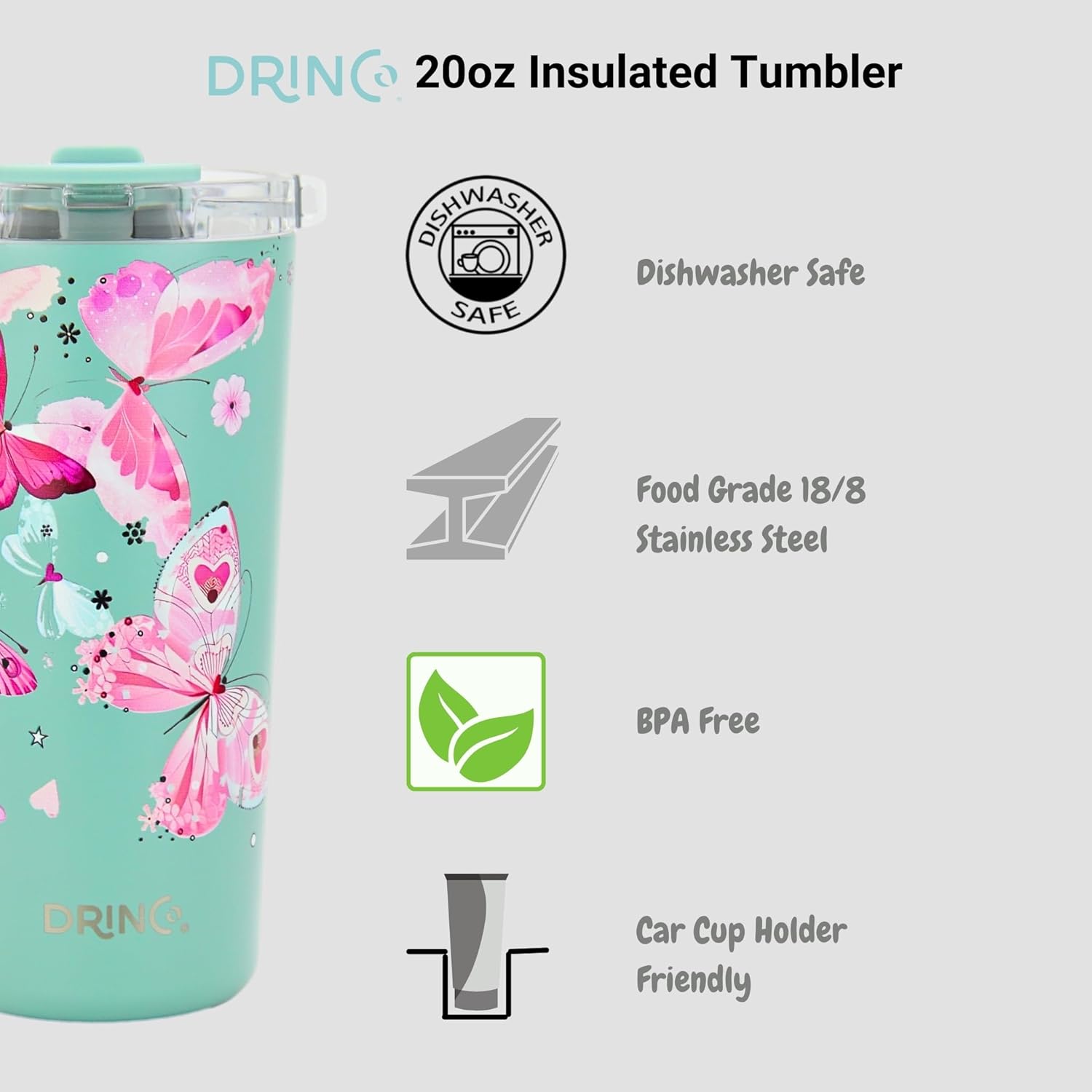 Drinco - 20 oz Stainless Steel Tumbler | Double Walled Vacuum Insulated Mug With Lid, 2 Straws, For Hot & Cold Drinks (20oz Butterfly) - Image 5