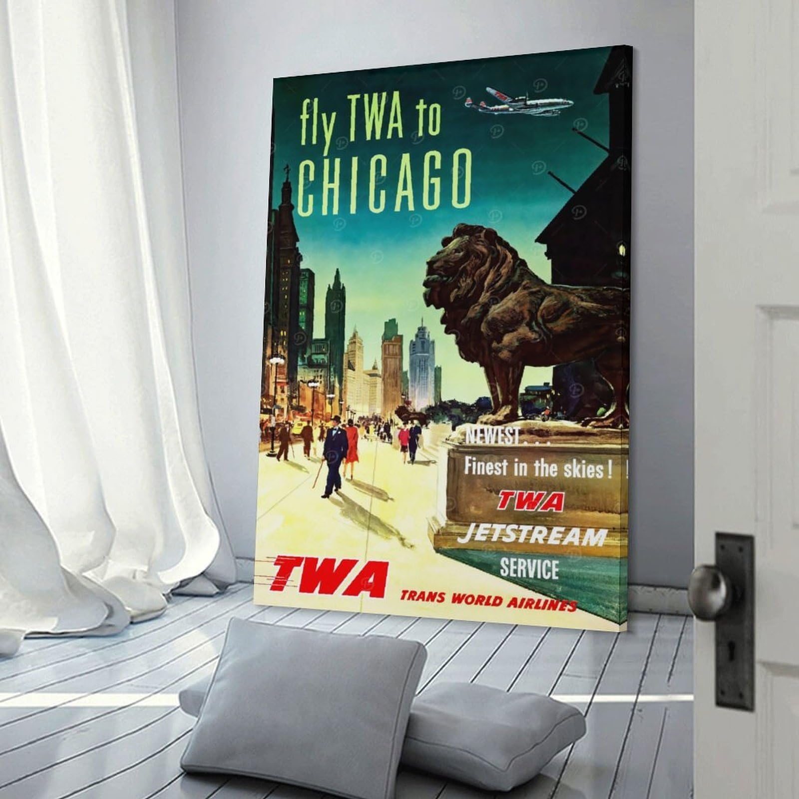 Junmoney TWA Chicago Travel Canvas Wall Picture 24x36inch(60x90cm), for Study, Office Or Focused Interiors, Home Office Artwork with Decorative Appeal