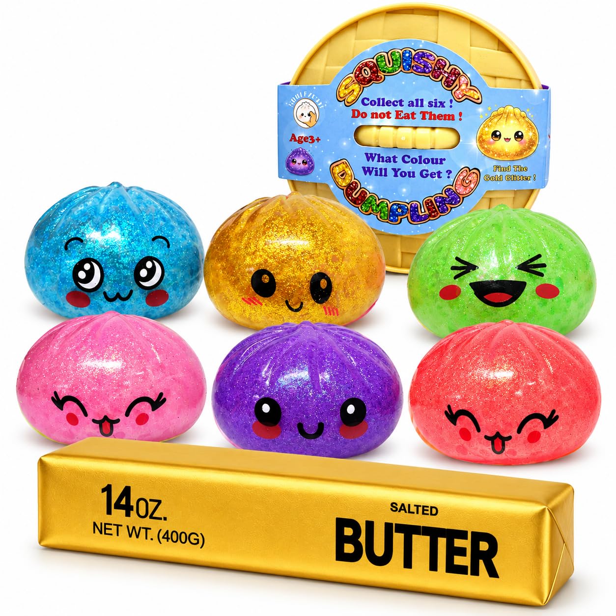 1x Random Glitter Squishy Dumpling with 1x Golden Butter Stick - Mystery Surprise Super Rare Golden Dumpling with Squishy Butter, Viral Dumpling Fidget Toys for Kids 3+