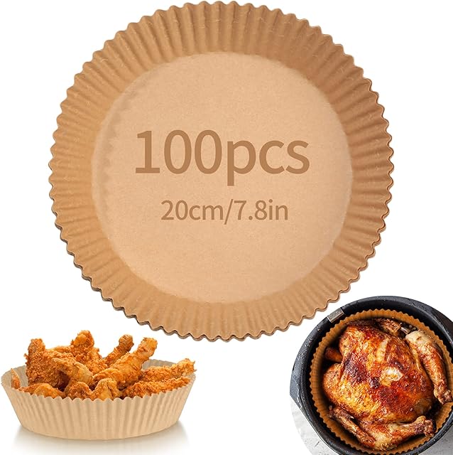 100 Pcs Air Fryer Disposable Parchment Paper Liner, Air Fryer Liners, Baking Cooking Paper for Air Fryer Steamer Oven Microwave Paper Liner, Non-Stick, Oil-Proof, Water-Proof, Food Grade