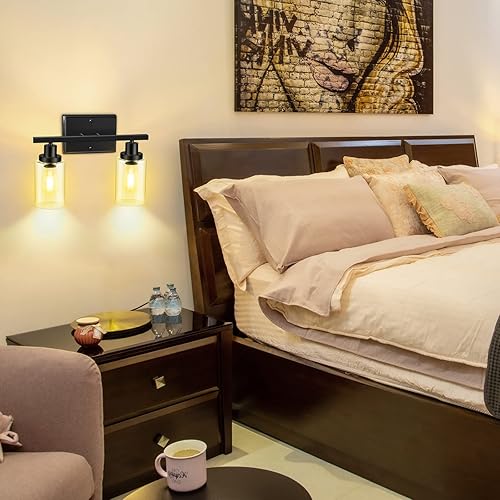 Miniatura 4 de Ascher Apliques de pared de 2 luces, moderna lámpara de tocador con acabado negro, lámpara de pared con pantalla de vidrio transparente para espejo,