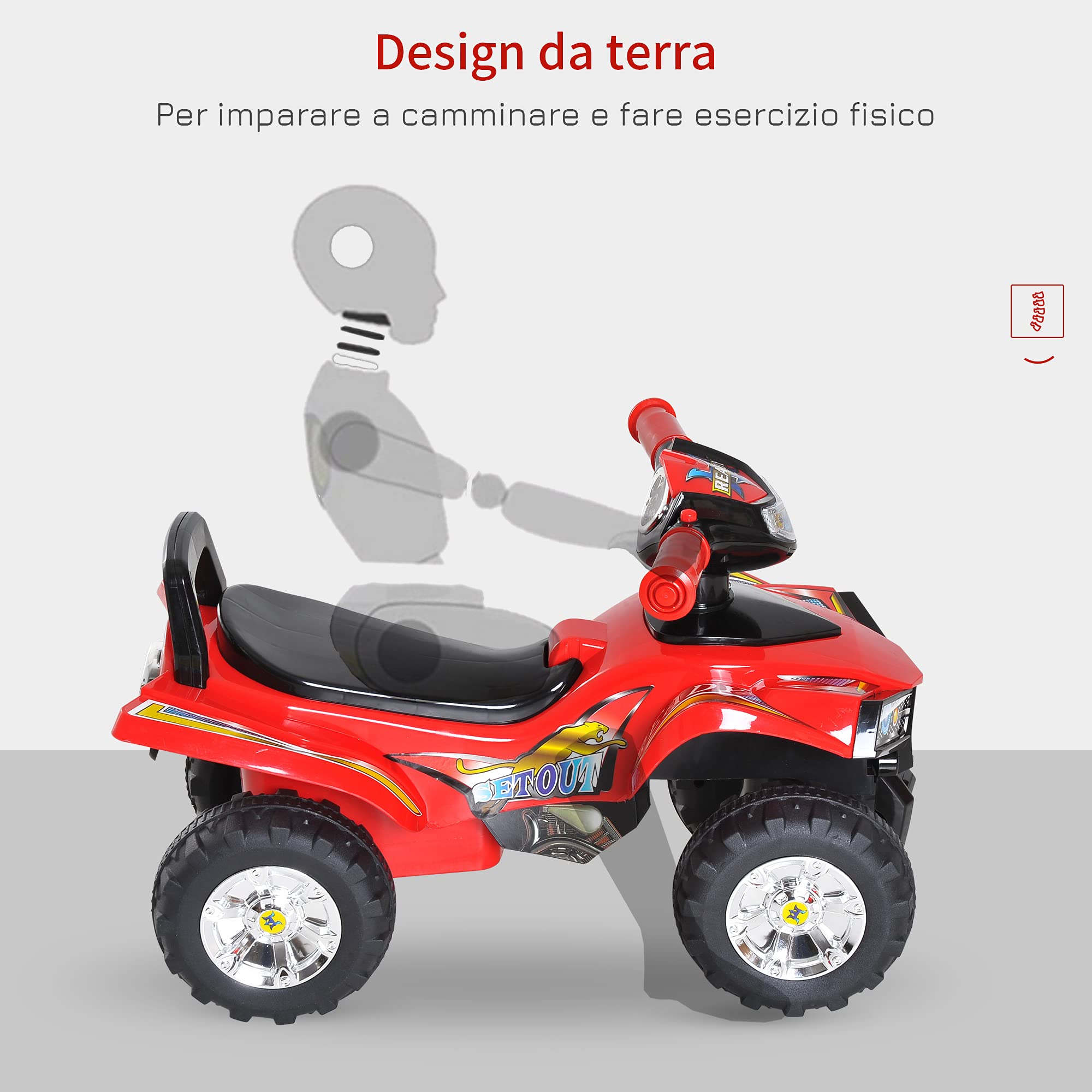 HOMCOM Quad Giocattolo per Bambini, Macchina Cavalcabile per Bambini con Clacson, Musica e Luci, 60x38x42 cm, in PP Rosso