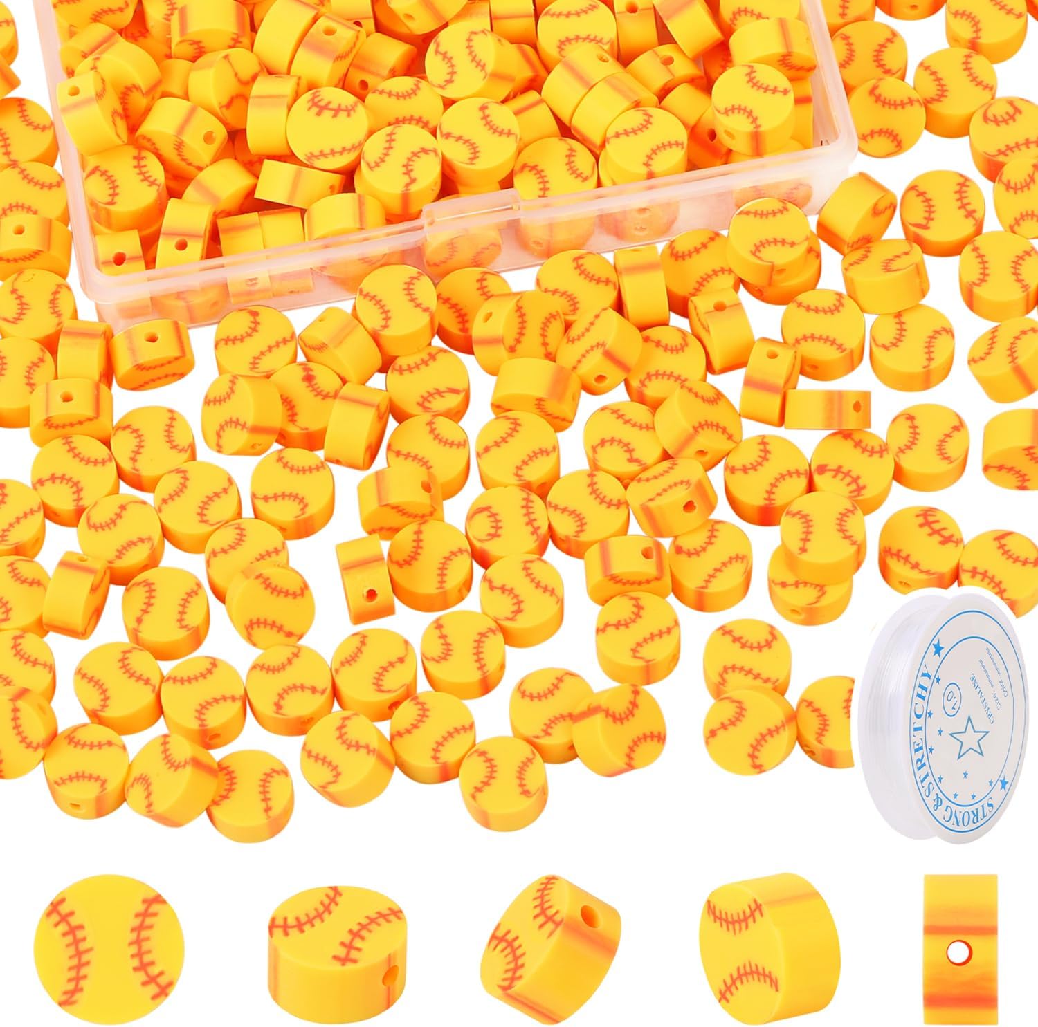 300 Pcs Baseball Beads for Jewelry Making, EVERMARKET Sports Polymer Clay Beads Bulk, 10mm Baseball Softball Loose Beads with Box, Sports Ball Spacer Beads Charms for DIY Crafts Bracelet (Yellow)