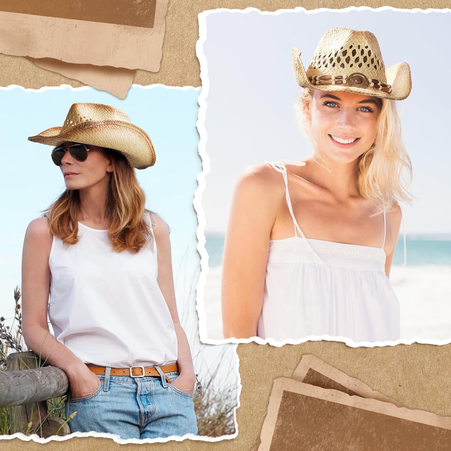 Straw Cowboy Hat for Women & Men Western Cowgirl Hat Woven Sun Hat Adjustable Decorative Cowboy Hats with 5 Detachable Decorative Bands for Party Beach Travel & Outdoor Brown - Image 7
