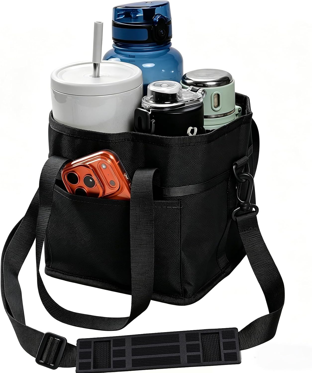 Drink Carrier Bag, 4 Compartment Drink Bag, Insulated 4 Cup Holder Bag with Handle &Strap, Family Multi Tumbler, Water Bottle Carrier Caddy, Reusable Beverage Carrier Tote for Travel (Black)