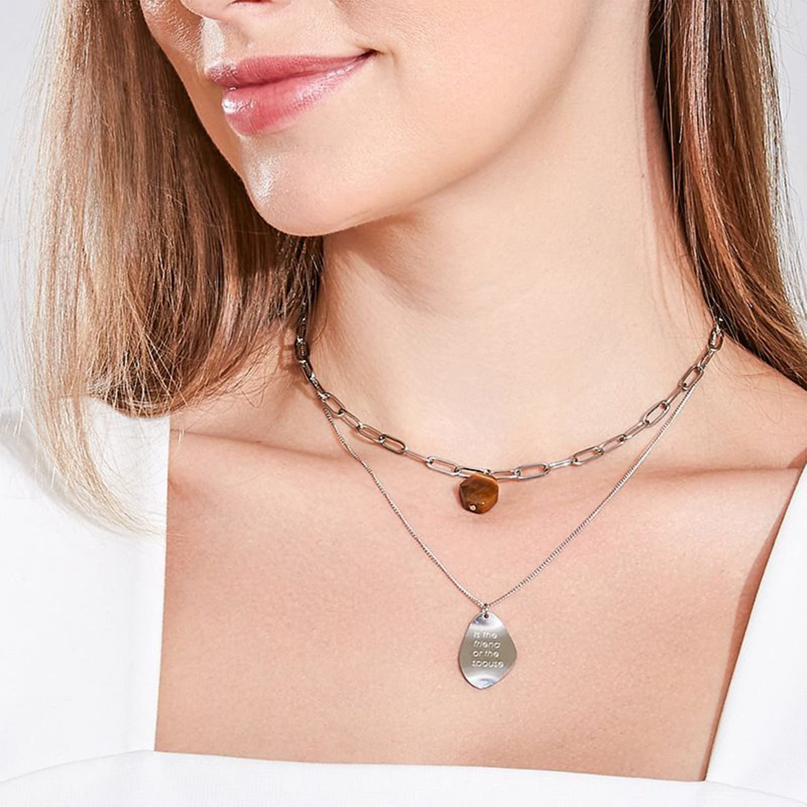 Jeulia Natürlichen Quartz Doppel Layer Halskette:Kette Design Energie Heilung Rosenquarz Anhänger Stapelbarer Damen Herren Titan Stahl Reiki Kristall Halsketten Weihnachten Geschenk
